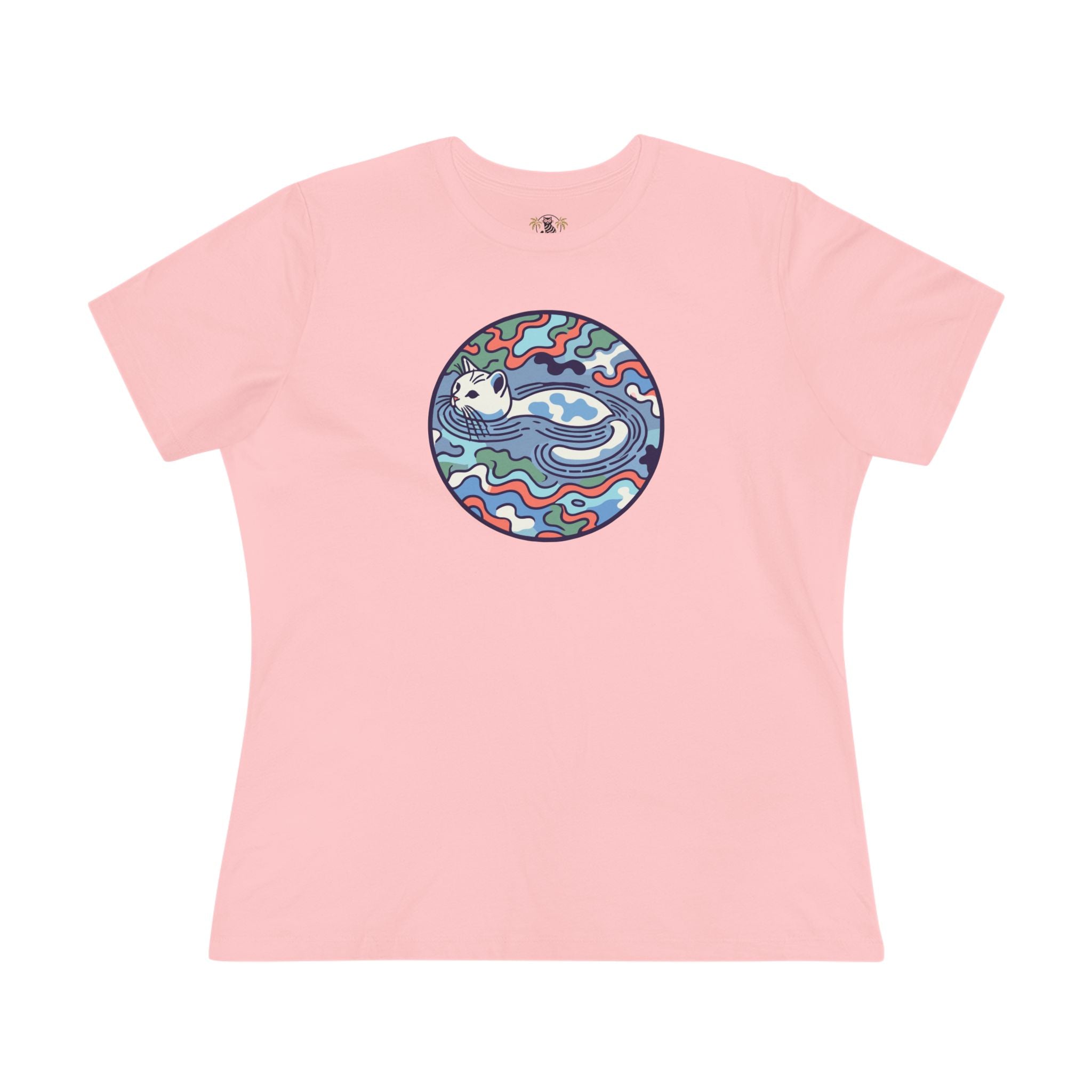 Pink A Bathing Cat Wave Camo Flow Graphic Women’s T-Shirt ladies flat lay front