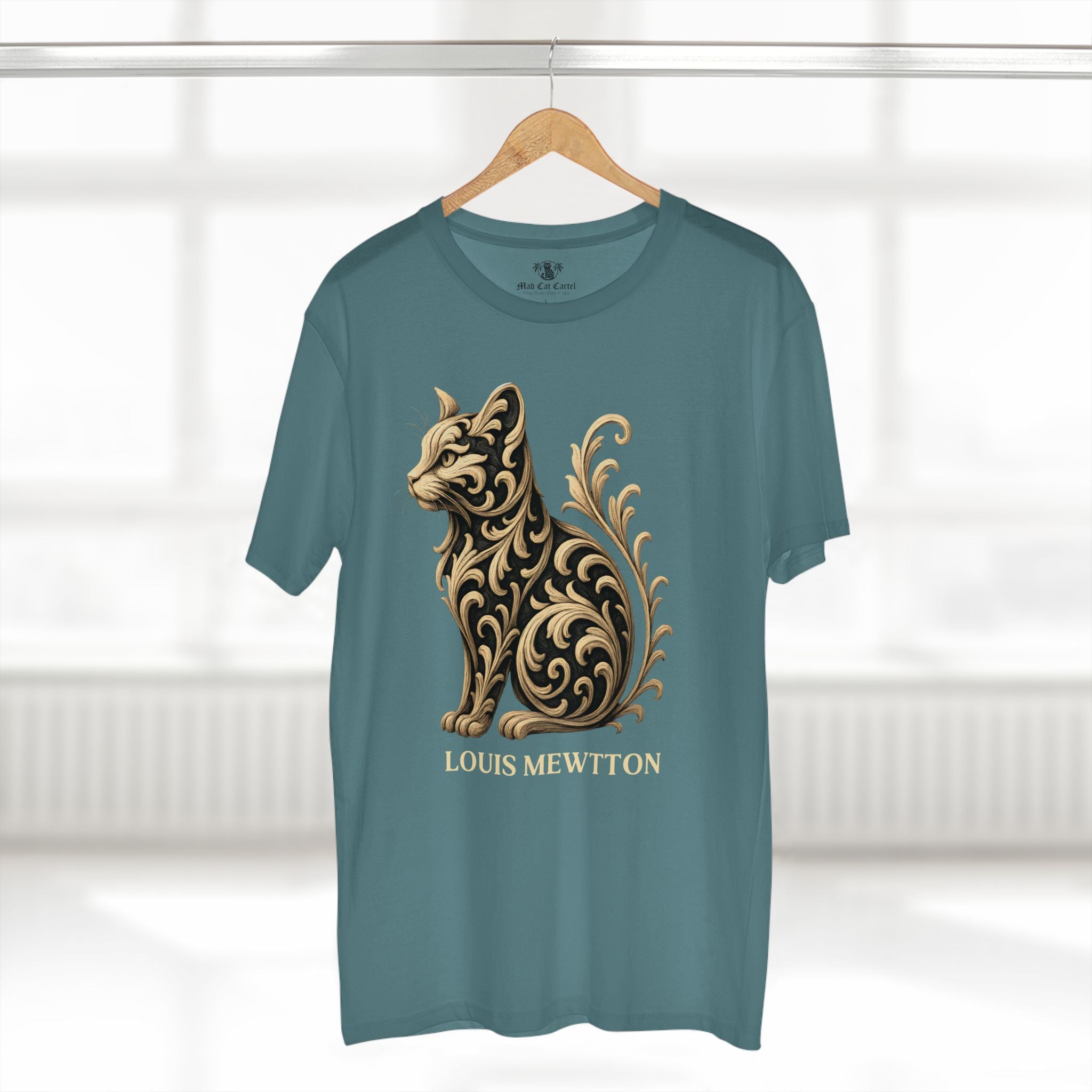 Unique gifts for cat lovers slate blue t shirt on hanger front view