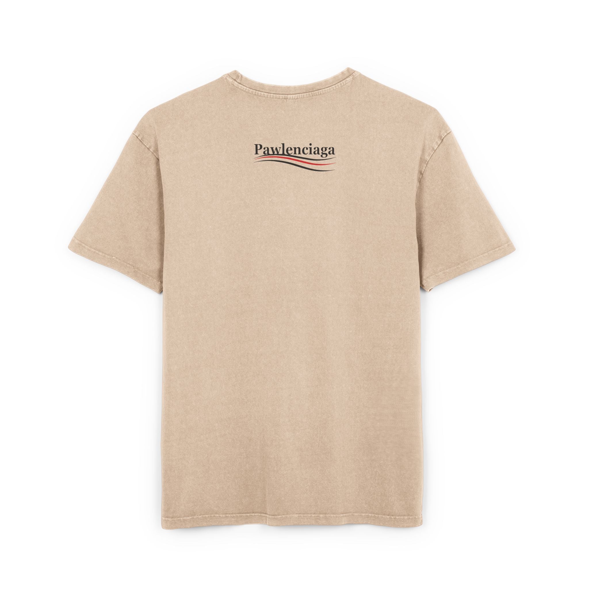 beige Pawlenciaga duffle bag cat graphic tee, back view, casual mens cat shirts