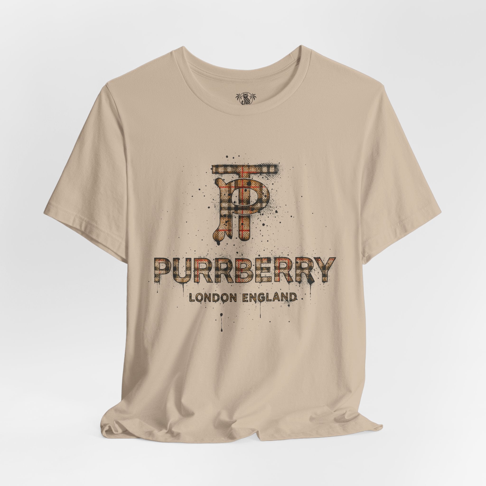 flat lay purrberry london heritage spray cat graphic t shirt tan cool cat shirt for women