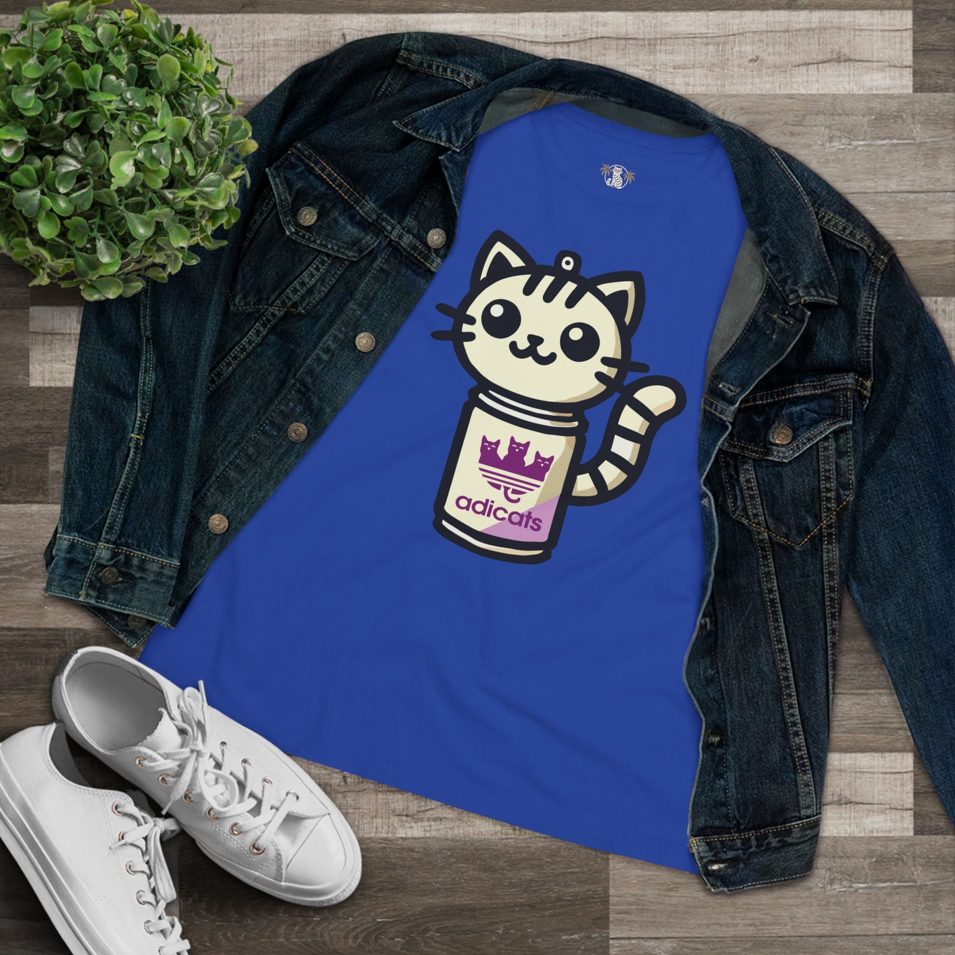 Royal Blue funny cat apparel flat lay with denim jacket and sneakers