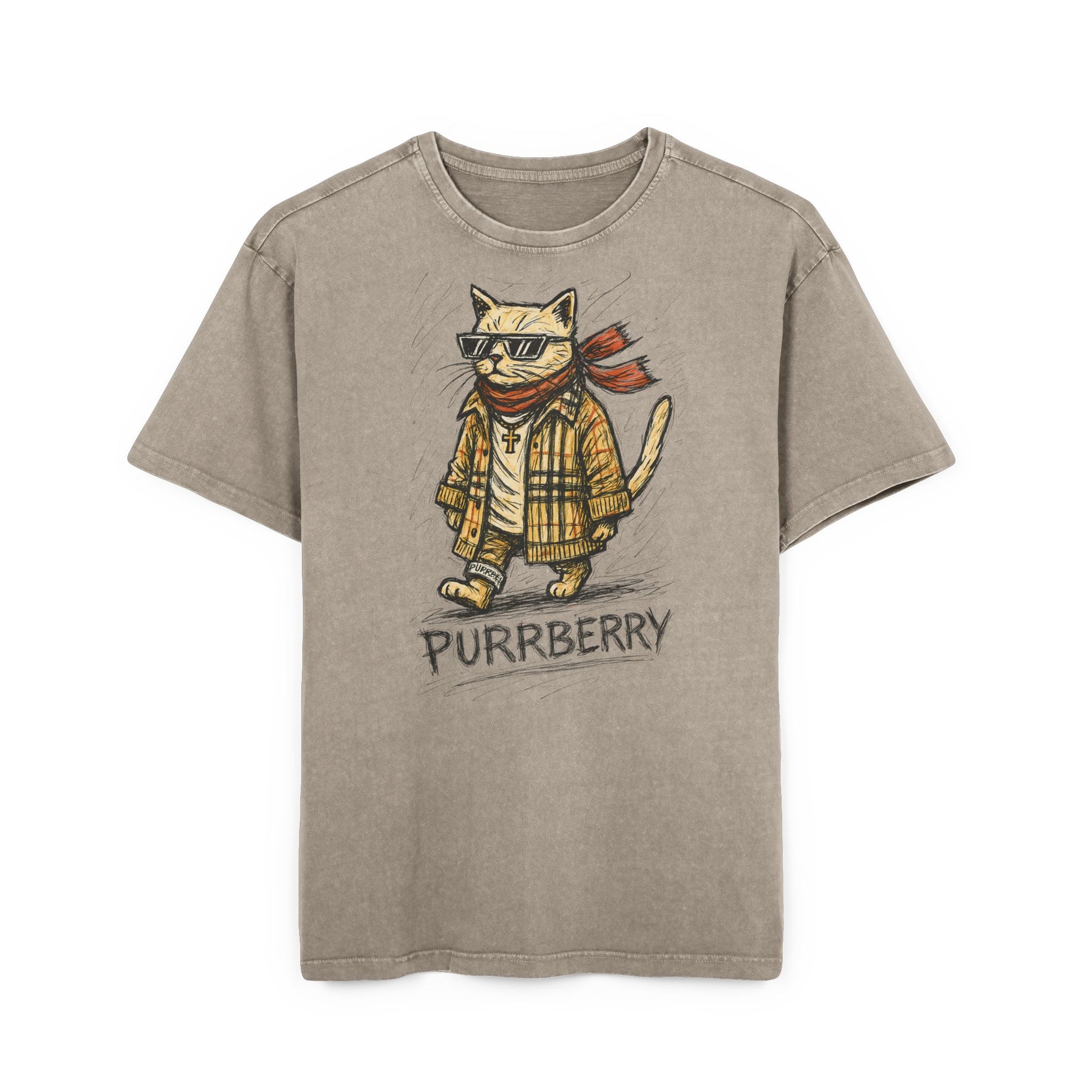 Purrberry Catwalk Icon Graphic Acid Wash Oversized T Shirt, dark khaki front view