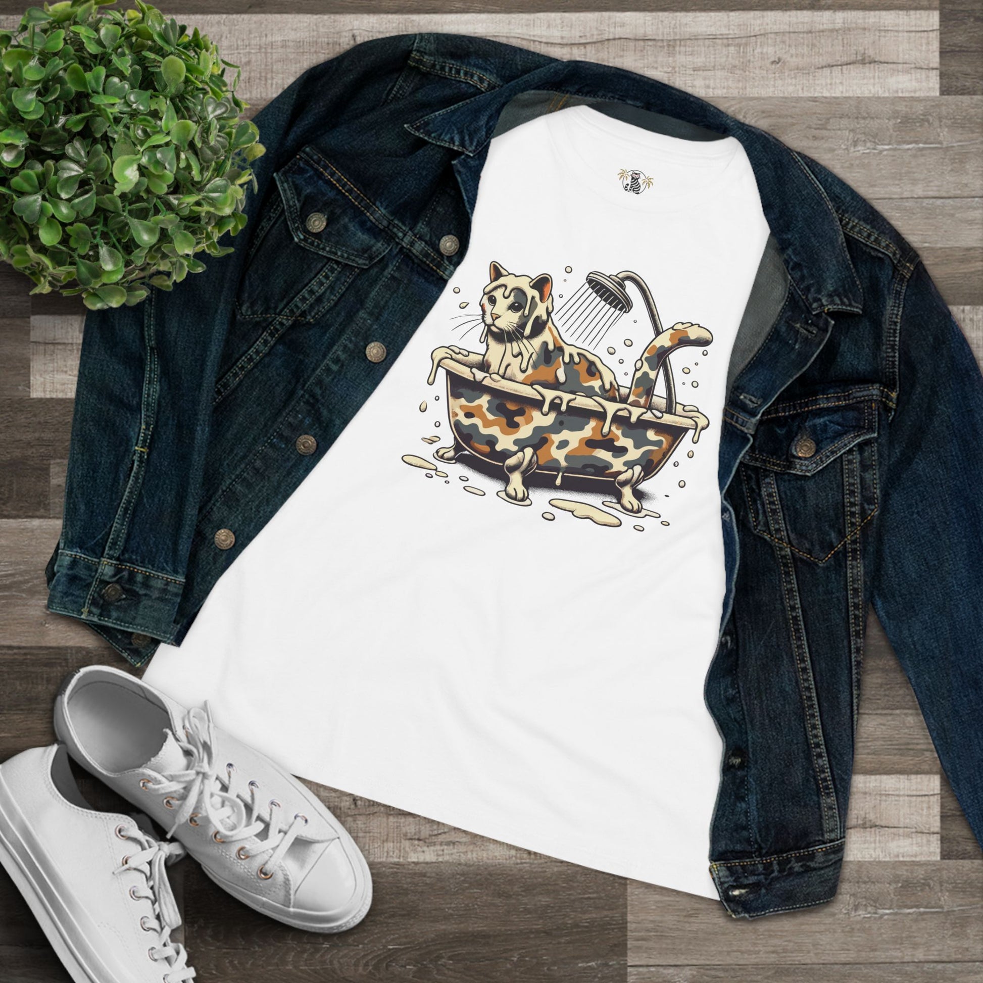 White cat lover shirt flat lay with jacket and shoes