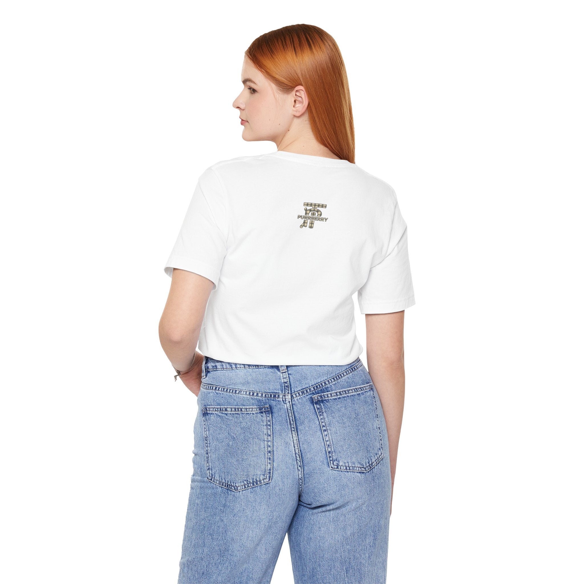 woman wearing purrberry london mini crest cat graphic t shirt white cat t shirts for women
