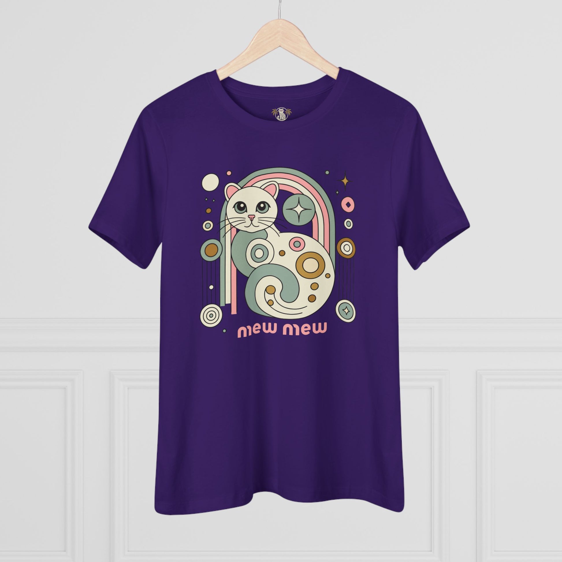 Purple t shirt on hanger front view cat themed shirts