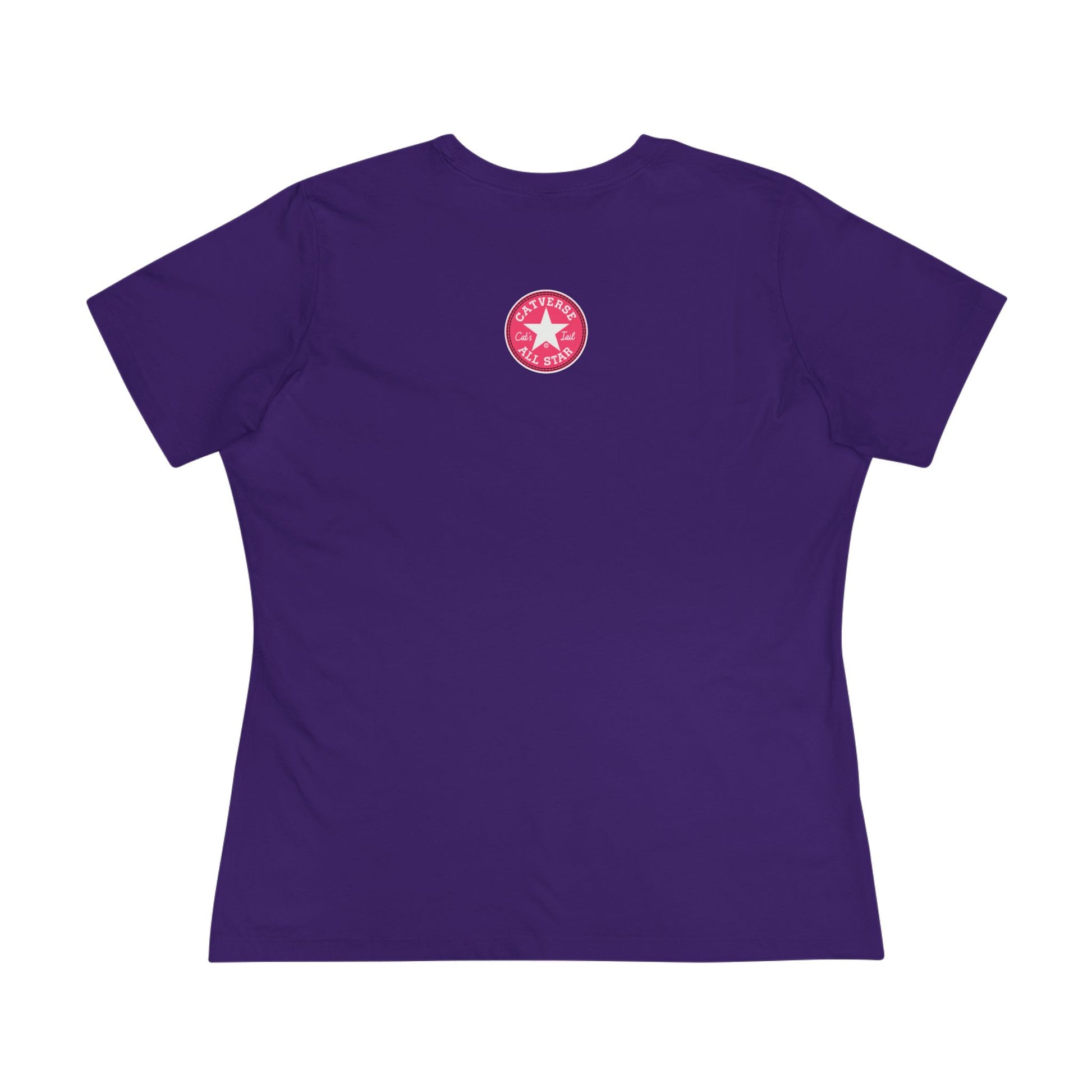 Team purple Catverse Pinkbot tee back view with mini logo, womens cat tee for cat lovers