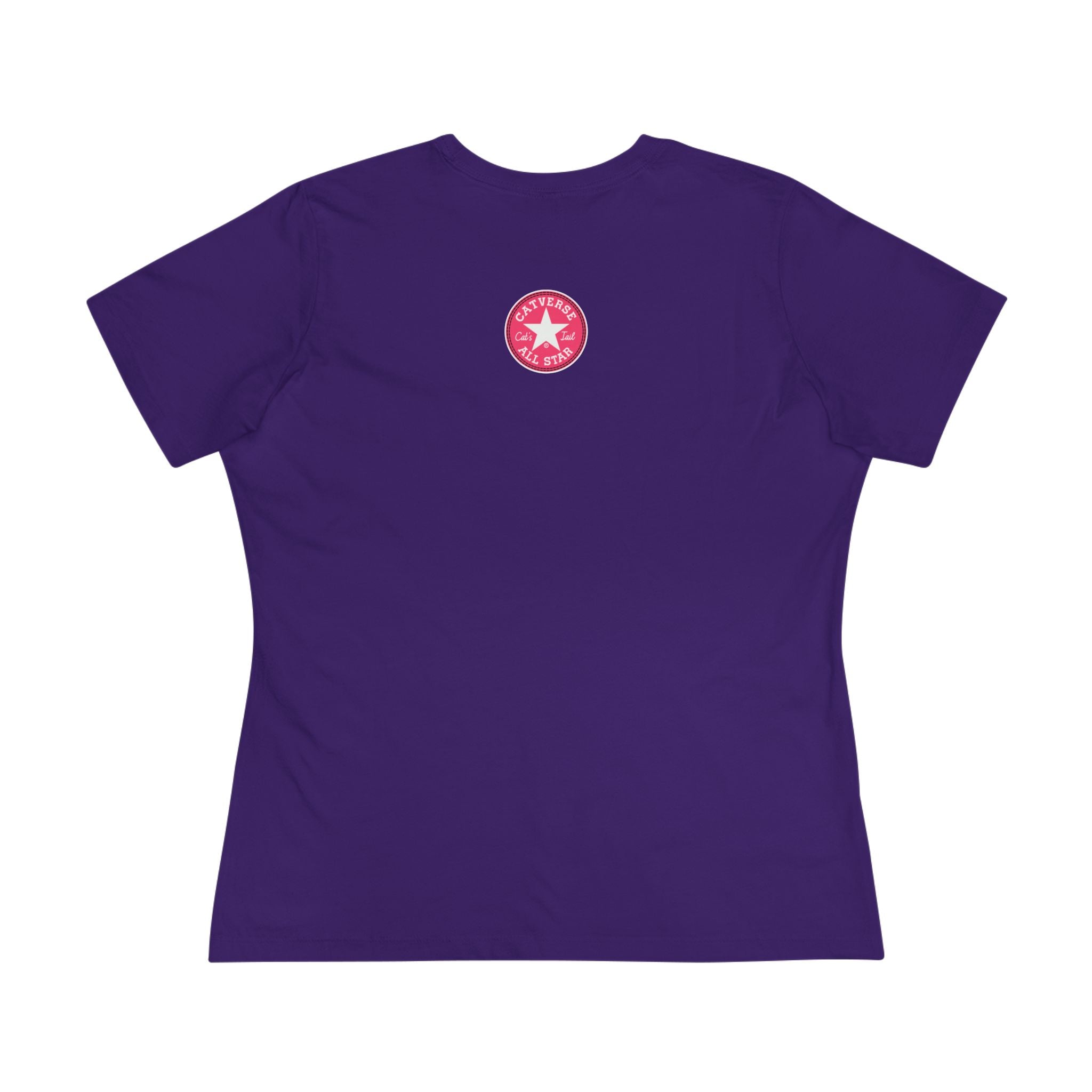 Team purple Catverse Pinkbot tee back view with mini logo, womens cat tee for cat lovers