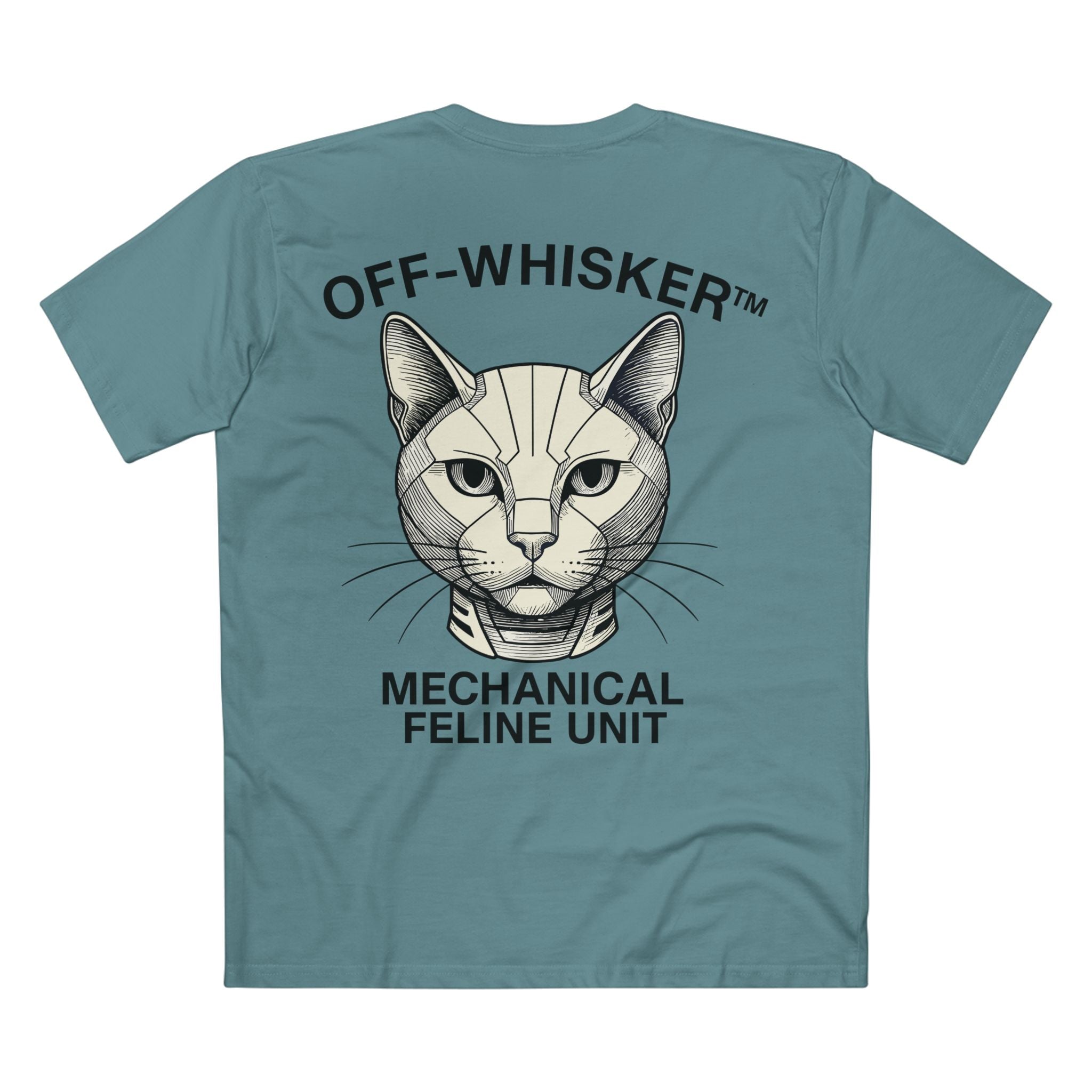 Back view of slate blue Off-Whisker Mecha Cat Unit t-shirt – mechanical feline design, cat mens t shirt