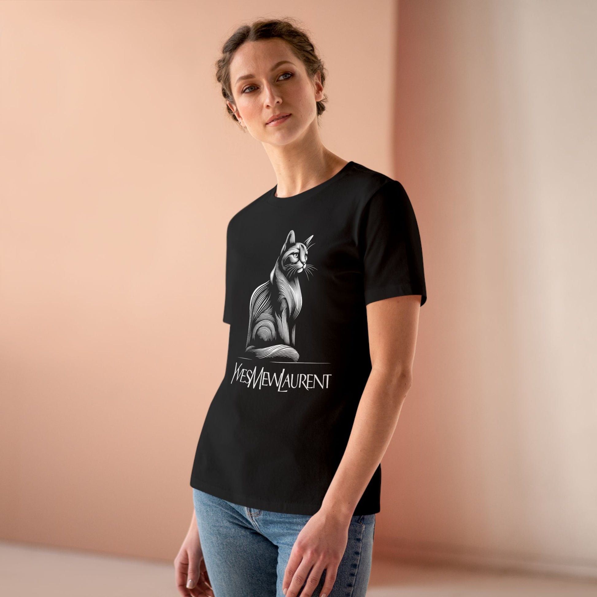 model wearing Yves Mew Laurent black cat graphic t shirt, stylish cat themed apparel