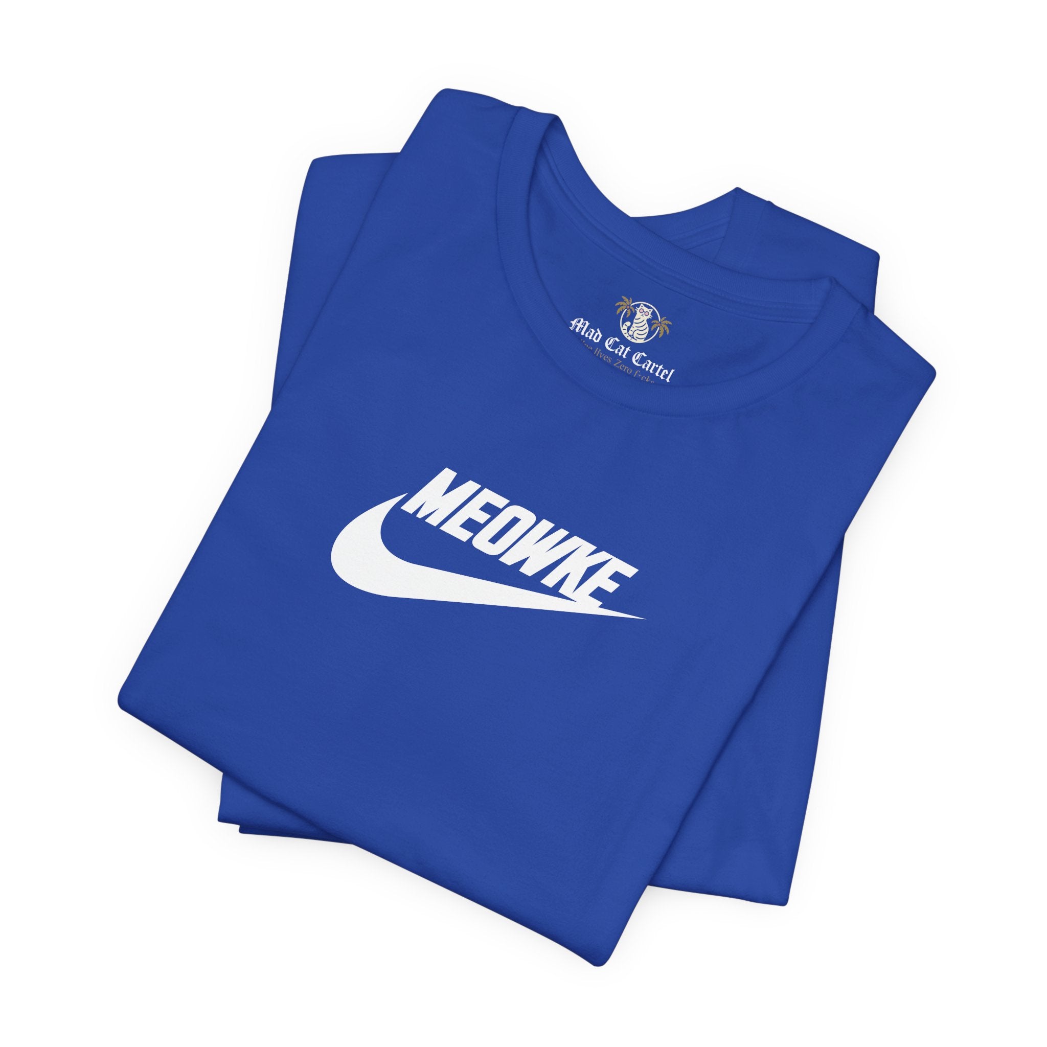 Cat t shirt for men and women – true royal unisex tees folded, white Meowke chest swoosh logo