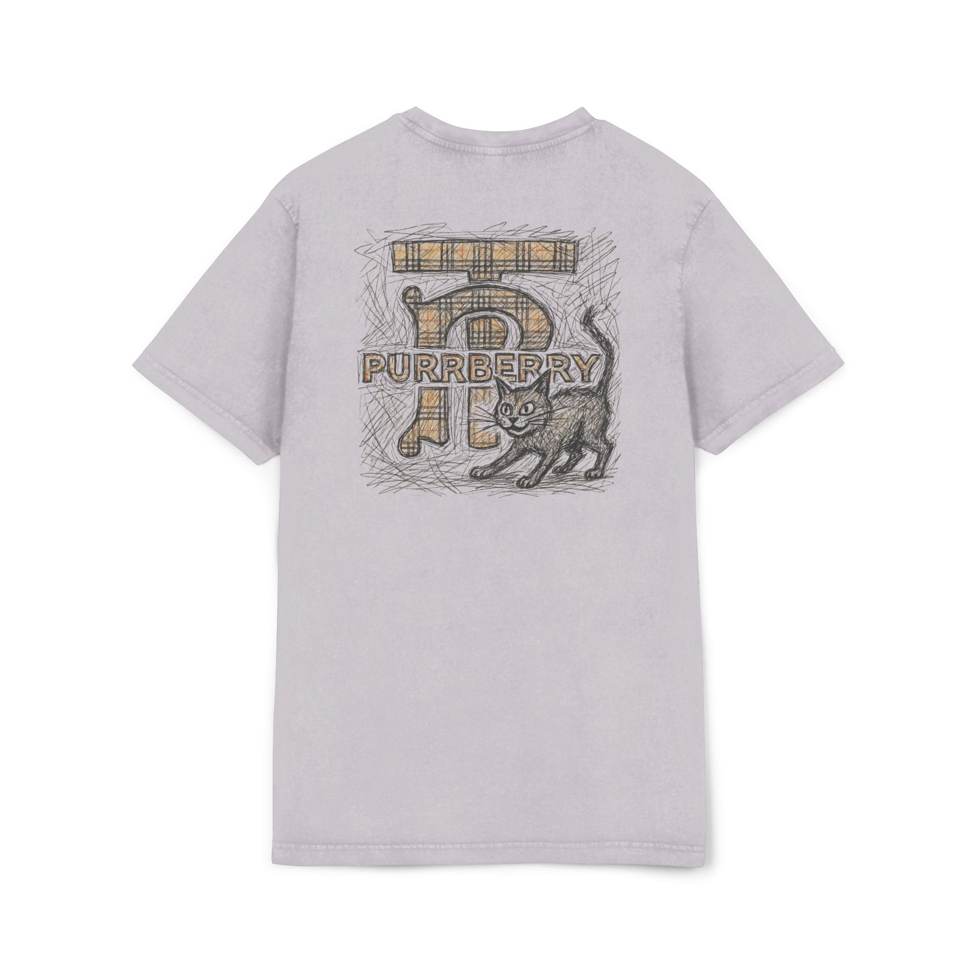 Back view of Purrberry Heritage Sketch Logo Soft Lilac Acid Washed Cat Graphic T Shirt, cat print tee shirts