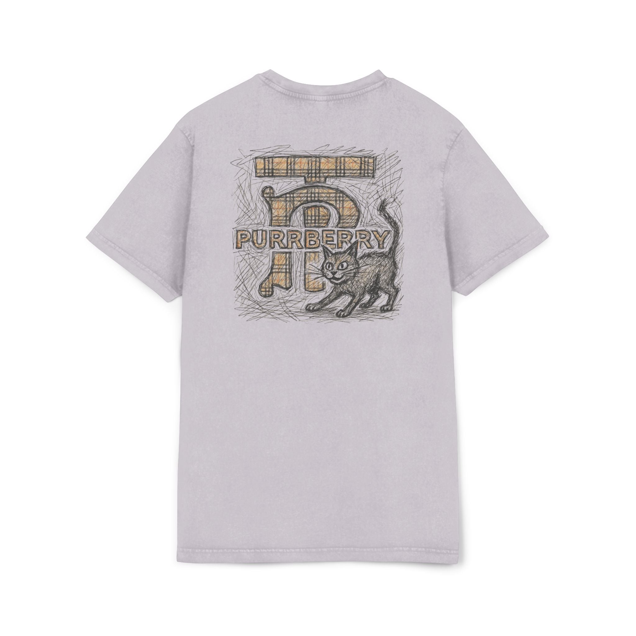 Back view of Purrberry Heritage Sketch Logo Soft Lilac Acid Washed Cat Graphic T Shirt, cat print tee shirts