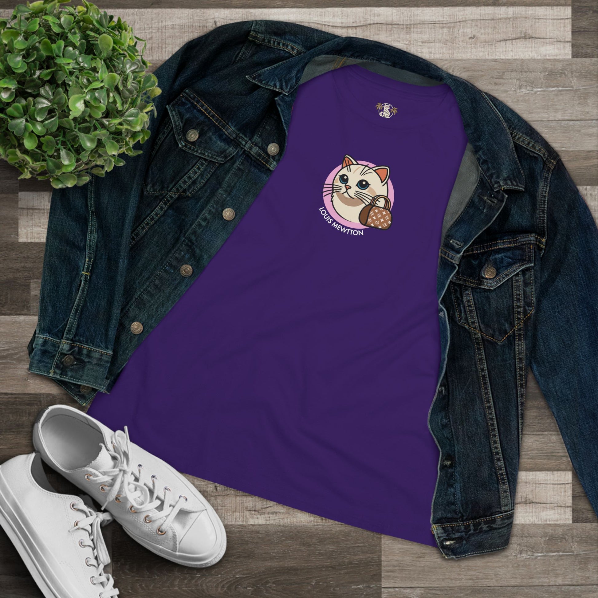Styled flat lay Louis Mewtton Mini Chest Cat Icon Women's Team Purple T Shirt with denim jacket cat clothes for humans