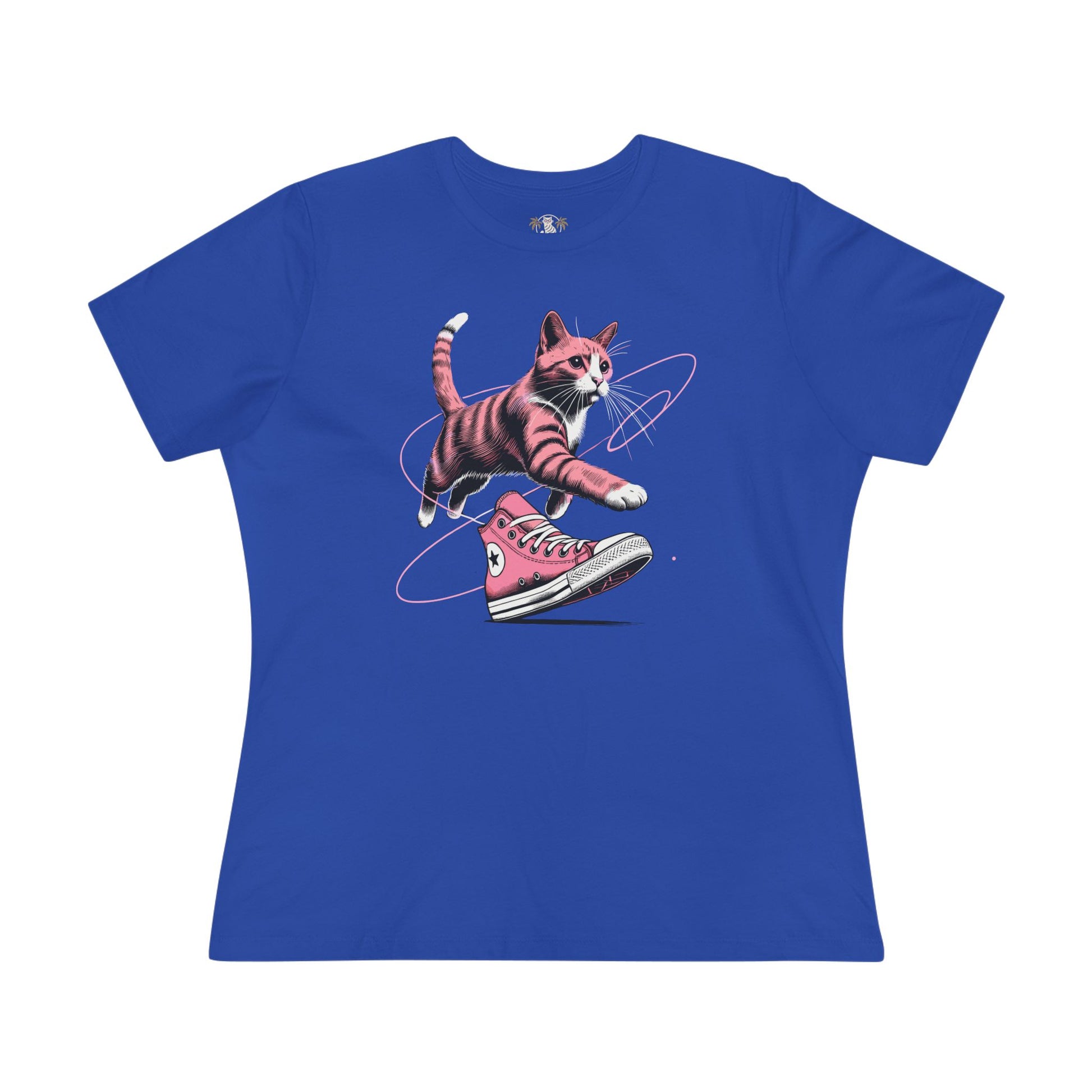 Blue Catverse Apex Kick Cat Graphic Women’s T-Shirt flat lay front view, cat lover t shirt, cat shirts for women
