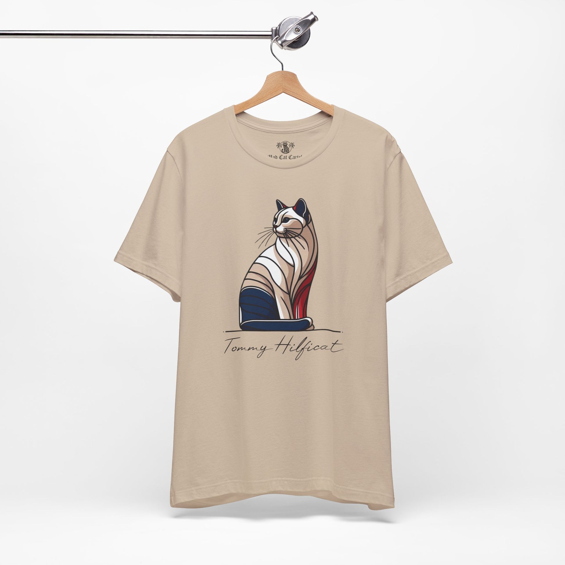 Tan cat lover shirt on hanger front display