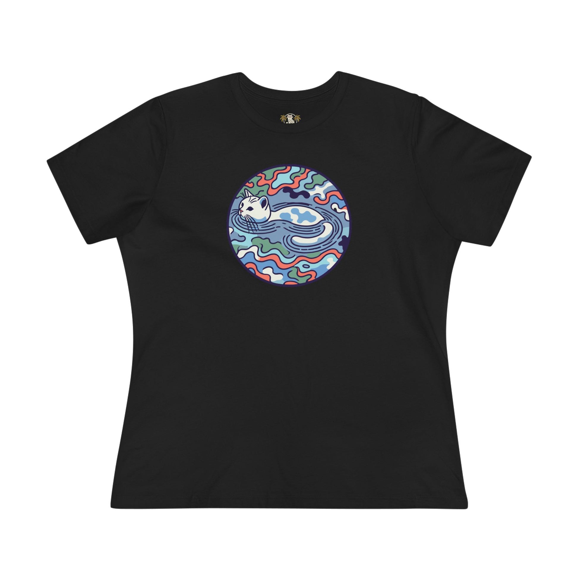 Black A Bathing Cat Wave Camo Flow Graphic Women’s T-Shirt flat lay front