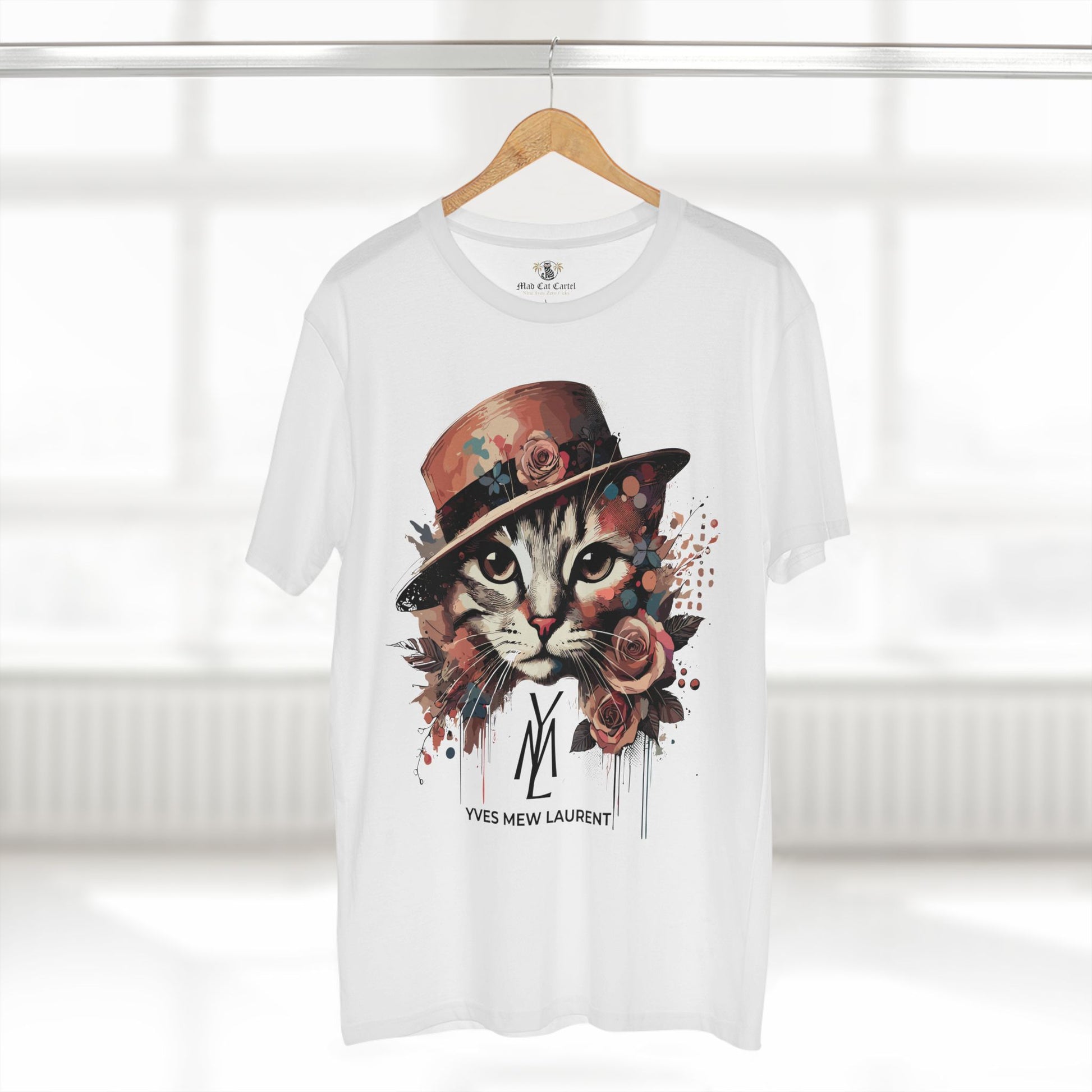 White cat lover t shirt on hanger front display