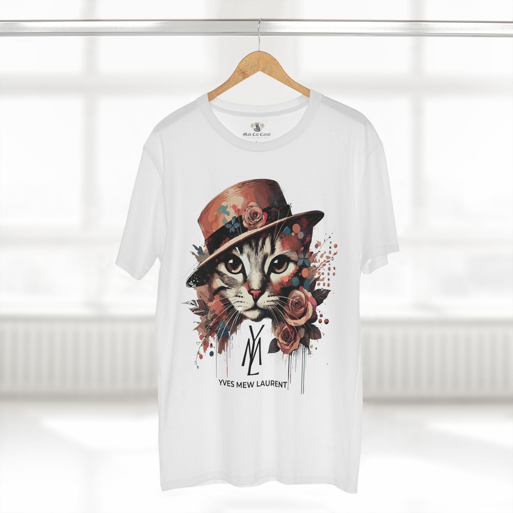 White cat lover t shirt on hanger front display