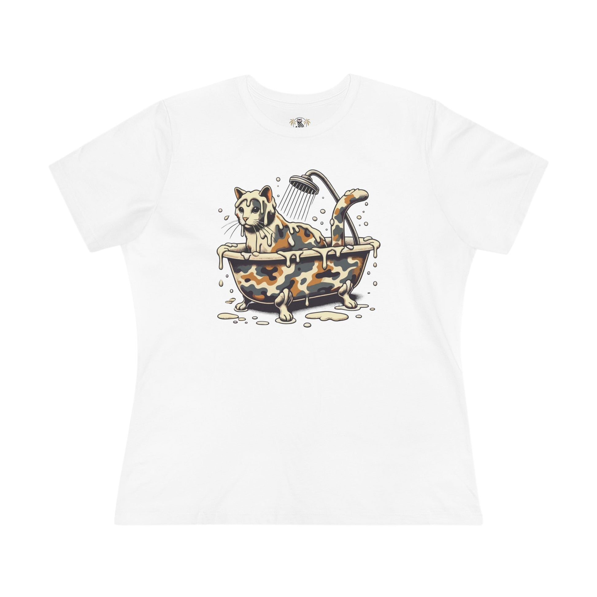 White A Bathing Cat Camo Bath Drip Women’s Graphic T Shirt flat lay front