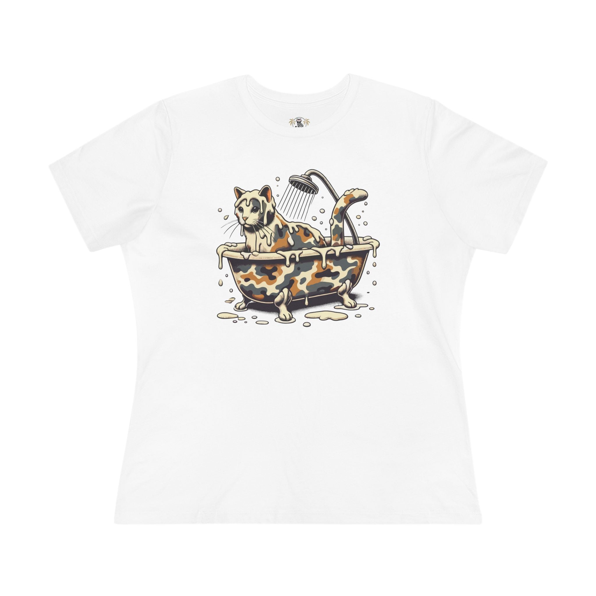 White A Bathing Cat Camo Bath Drip Women’s Graphic T Shirt flat lay front