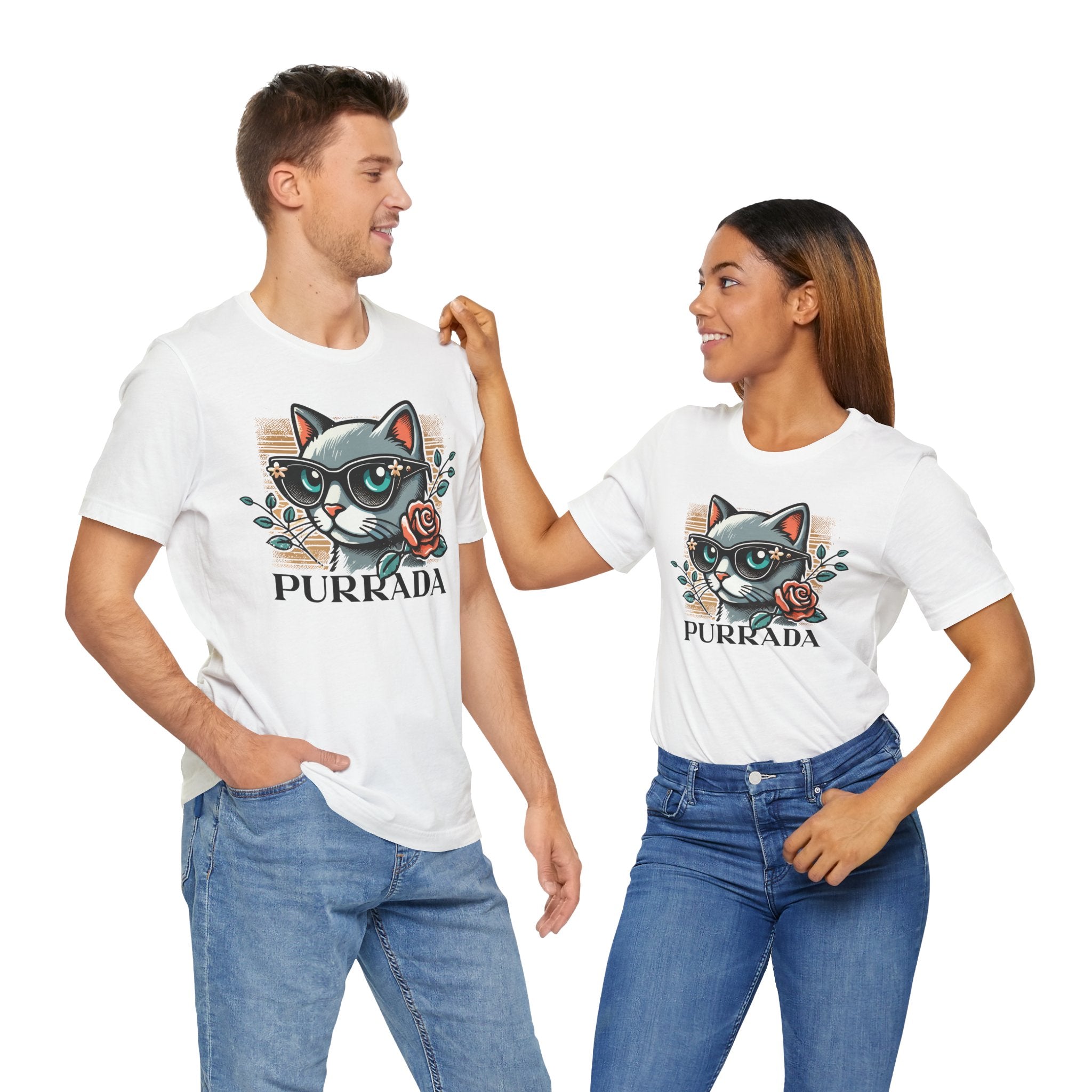 Pair photo of man and woman wearing Purrada Designer Bloom Cat Graphic White T Shirt, cute cat shirts for women and men