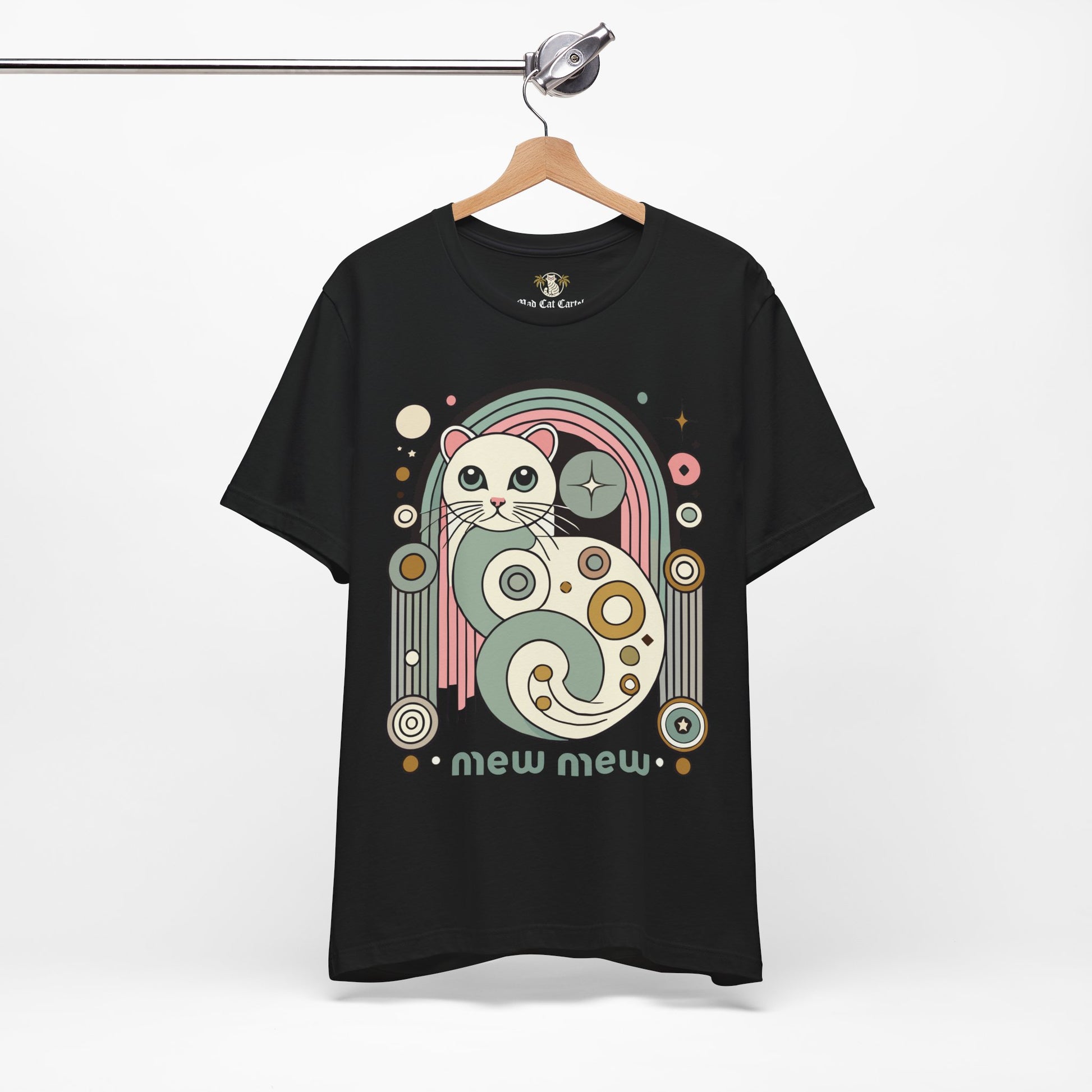 Front view on hanger – Black Mew Mew Cosmic Graphic Retro Cat T-Shirt – unusual gifts for cat lovers
