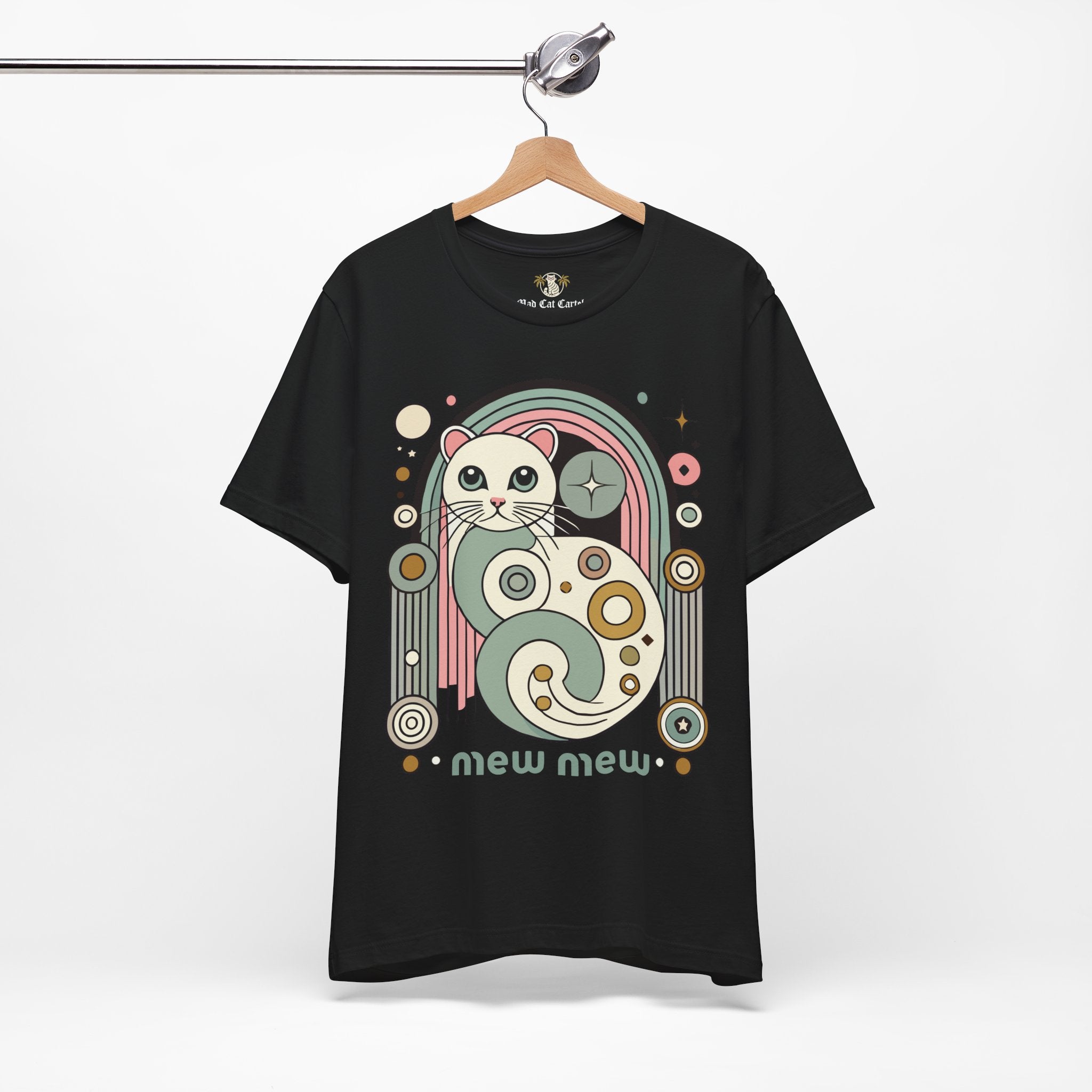 Front view on hanger – Black Mew Mew Cosmic Graphic Retro Cat T-Shirt – unusual gifts for cat lovers