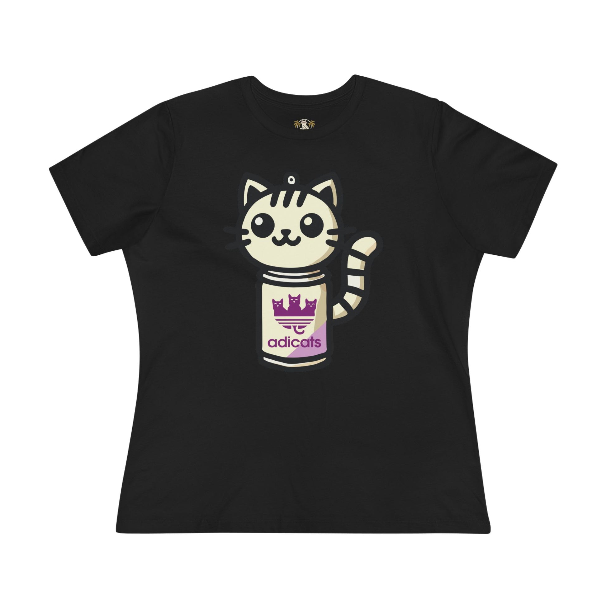 Black Adicats Spray Kitty Women’s Graphic Funny T Shirt flat lay front