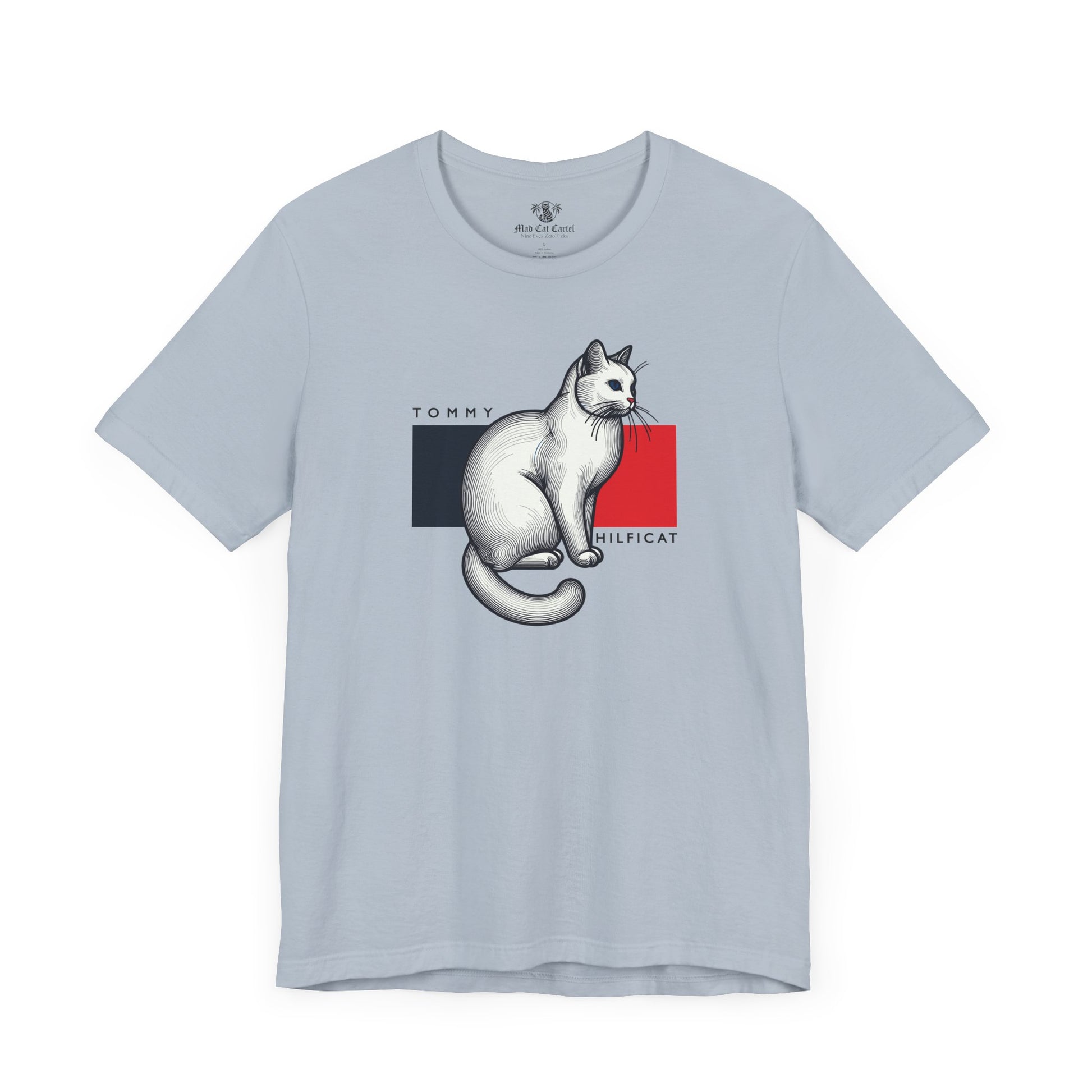 Light Blue Tommy Hilficat Classic Flag Cat Graphic T-Shirt – cat lover shirts flat lay hanger