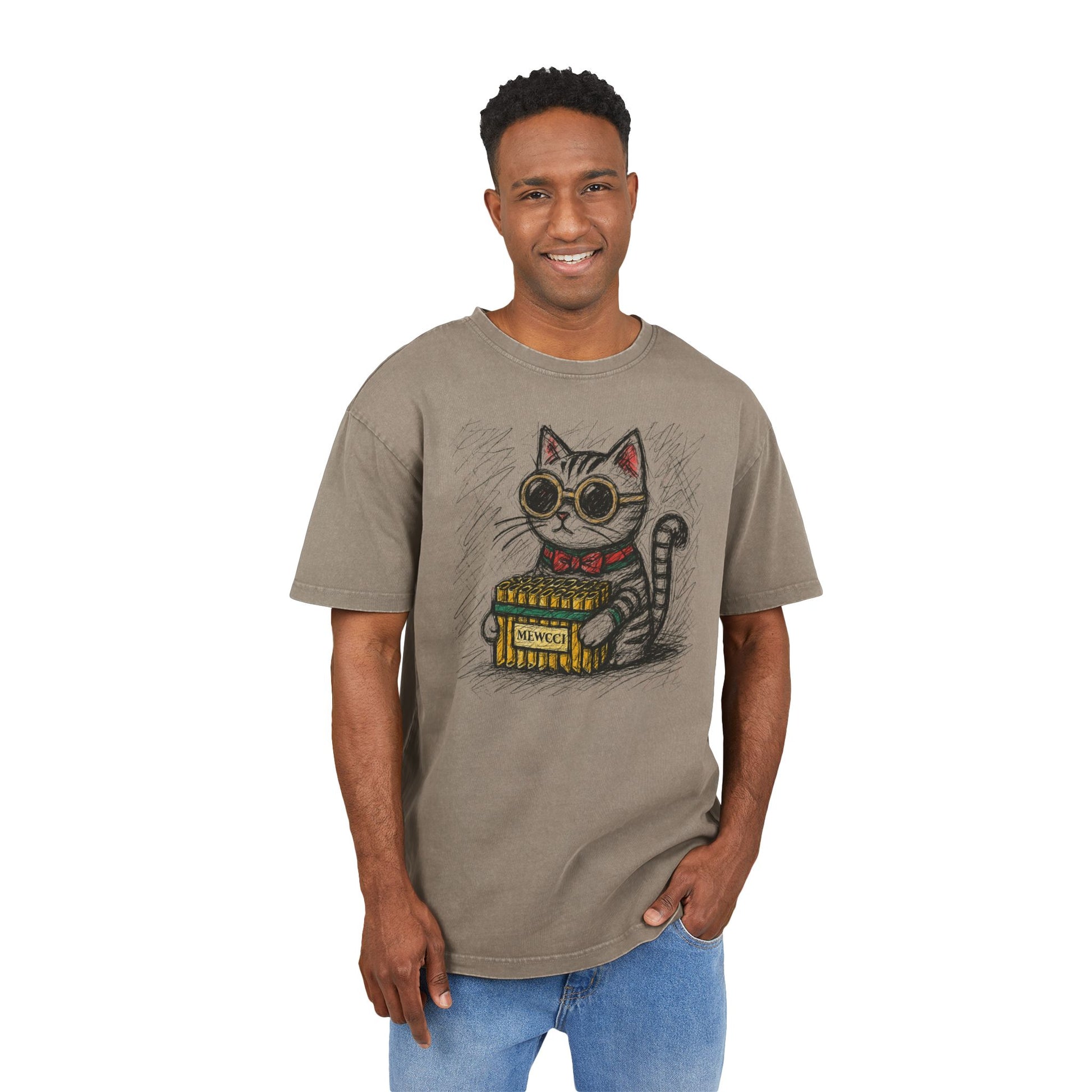 Model wearing Mewcci Cat Pasta Sketch Acid Washed Khaki Oversized Men's T-Shirt, things to get cat lovers
