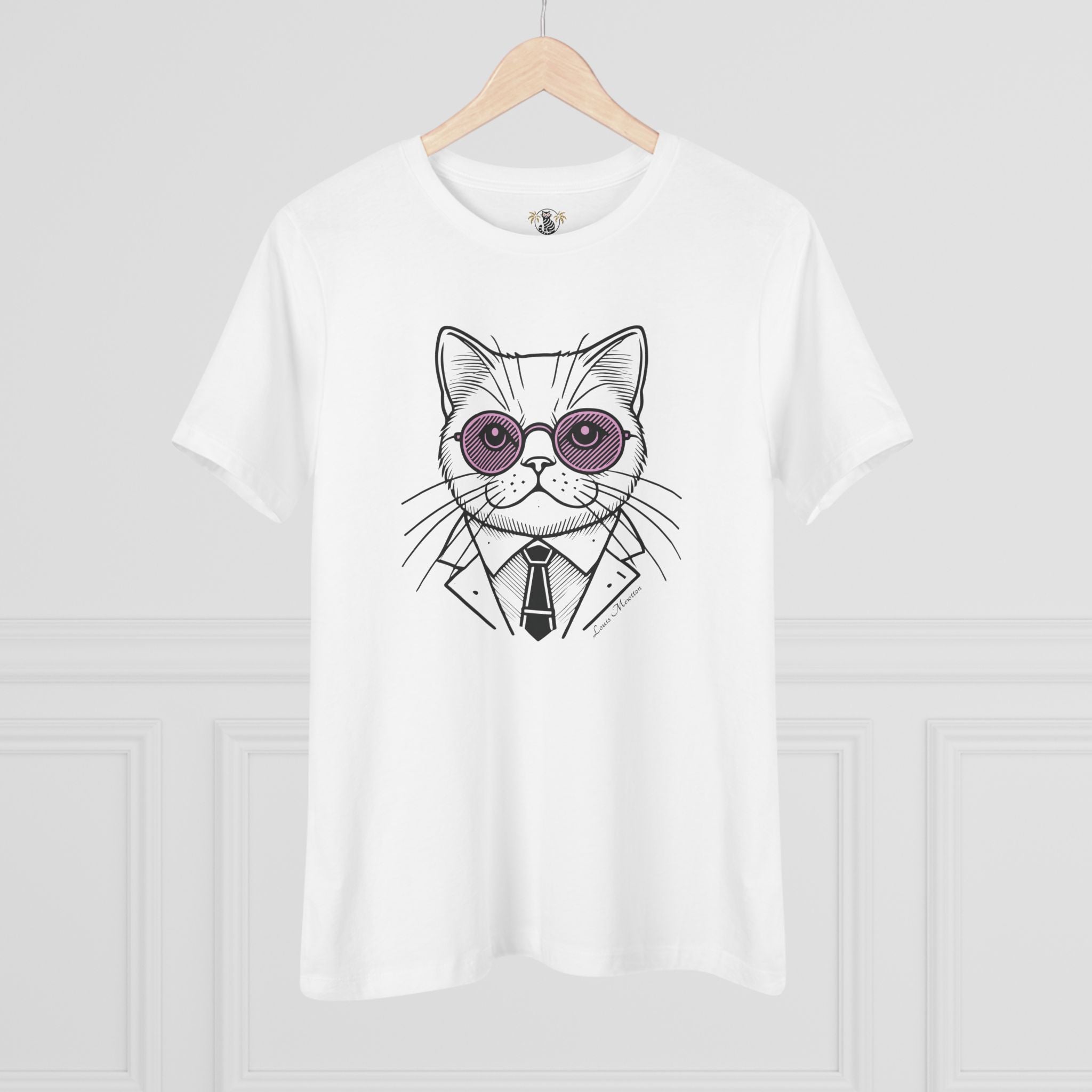 Hanging white graphic t shirt with purple cat sunglasses print, cool men's t shirts