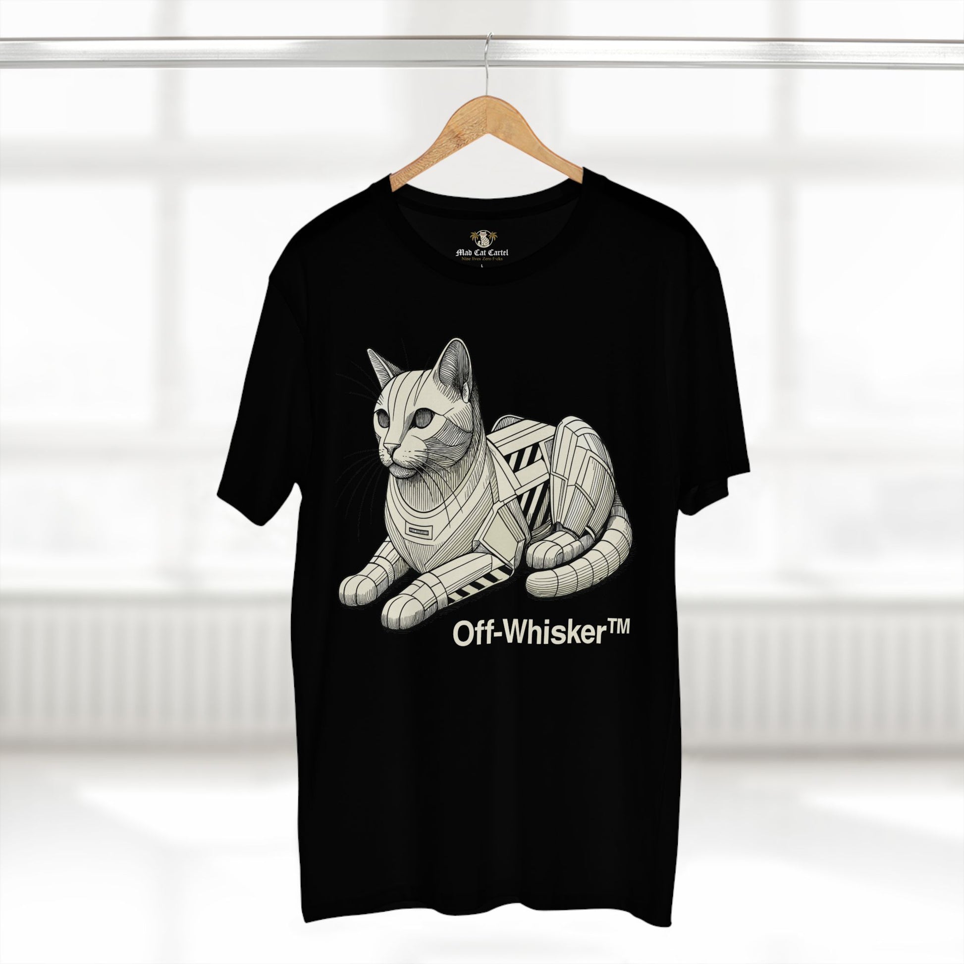 Black Off-Whisker Mecha Cat Unit graphic shirt on hanger – shirts for cat lovers, unisex fit