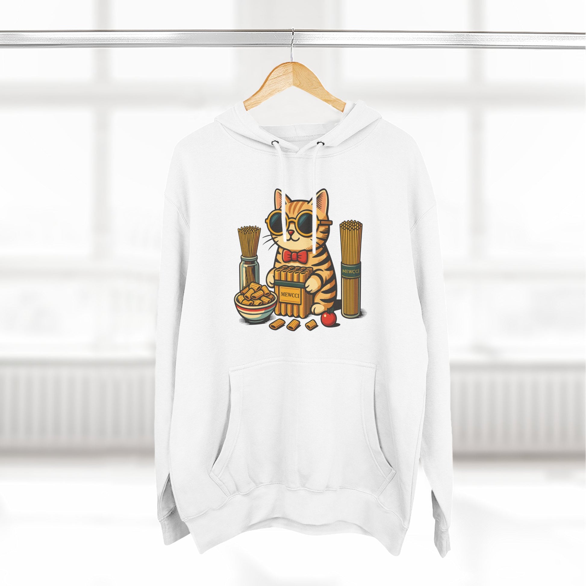 Mewcci pasta chef cat white hoodie on hanger, cat graphic hoodie