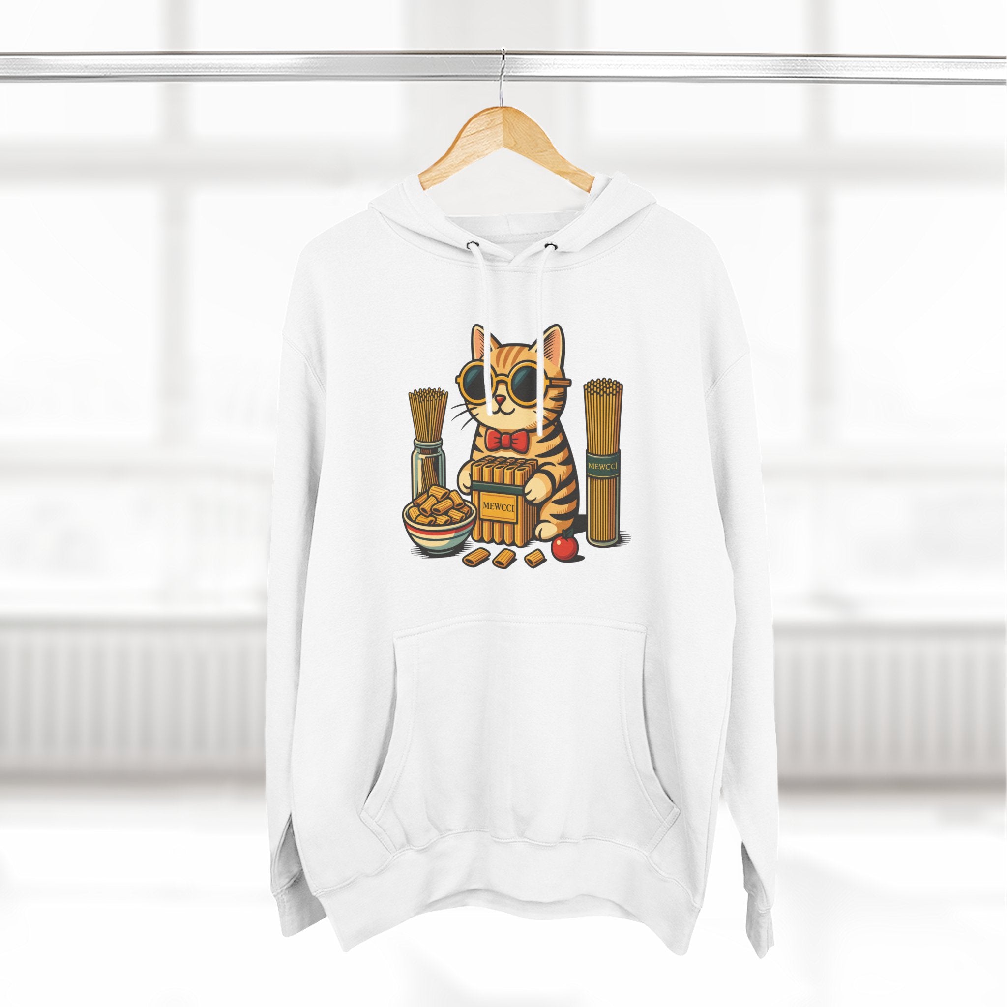Mewcci pasta chef cat white hoodie on hanger, cat graphic hoodie