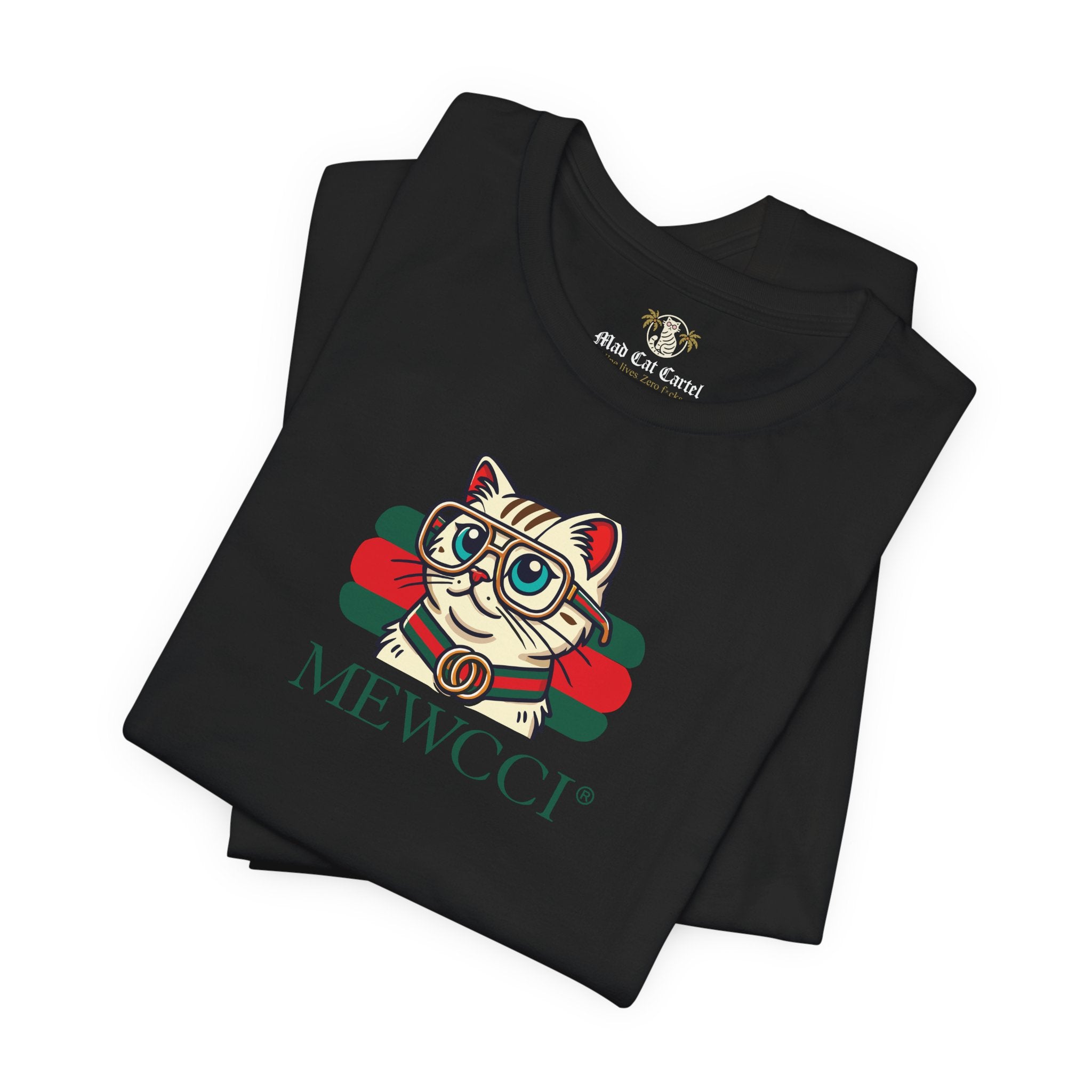 Folded Mewcci Luxe Label Graphic Cat Graphic T-Shirt in Black – cat tee shirts womens, cat shirts