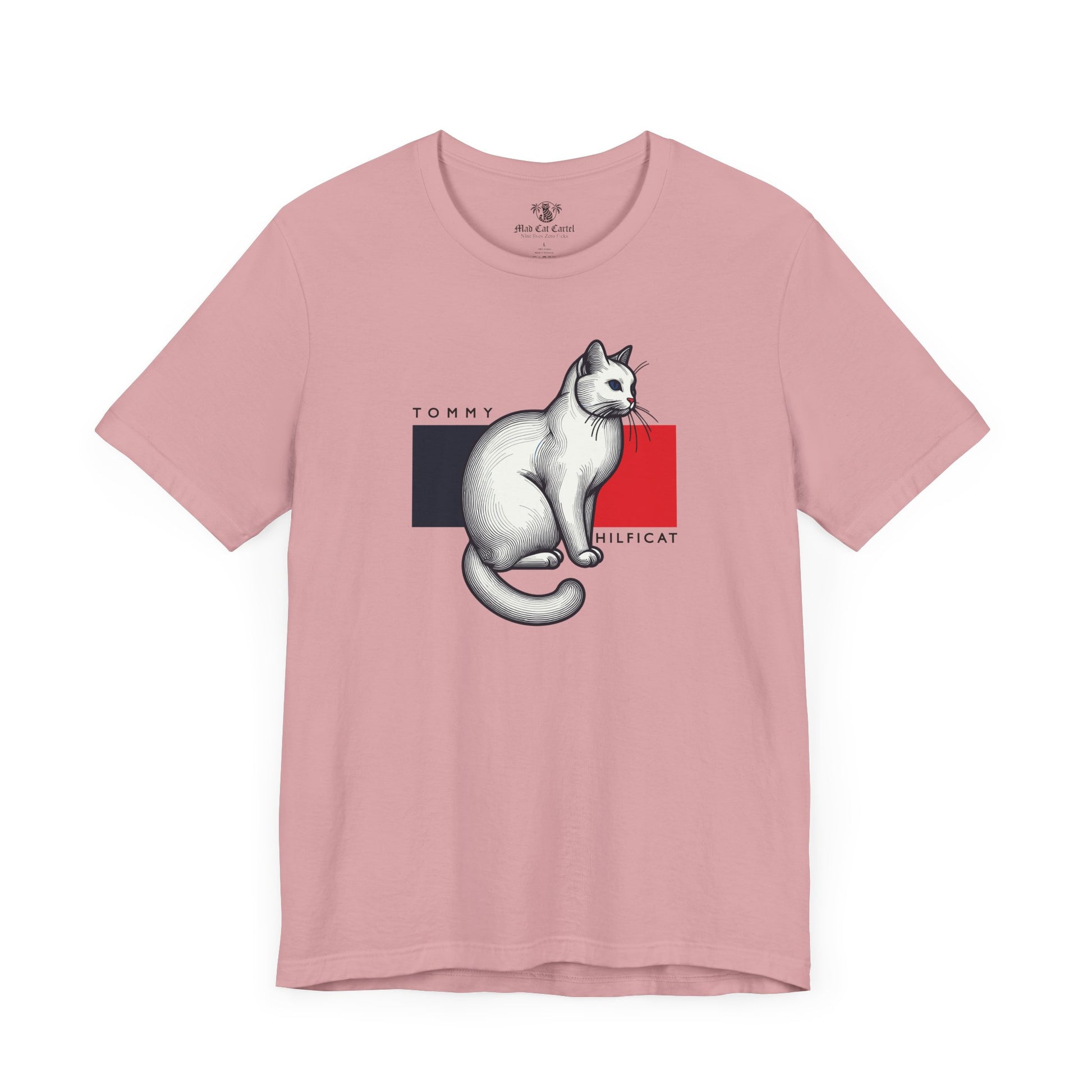 Orchid Pink Tommy Hilficat Classic Flag Cat Graphic T-Shirt – cat t-shirt for women flat lay front