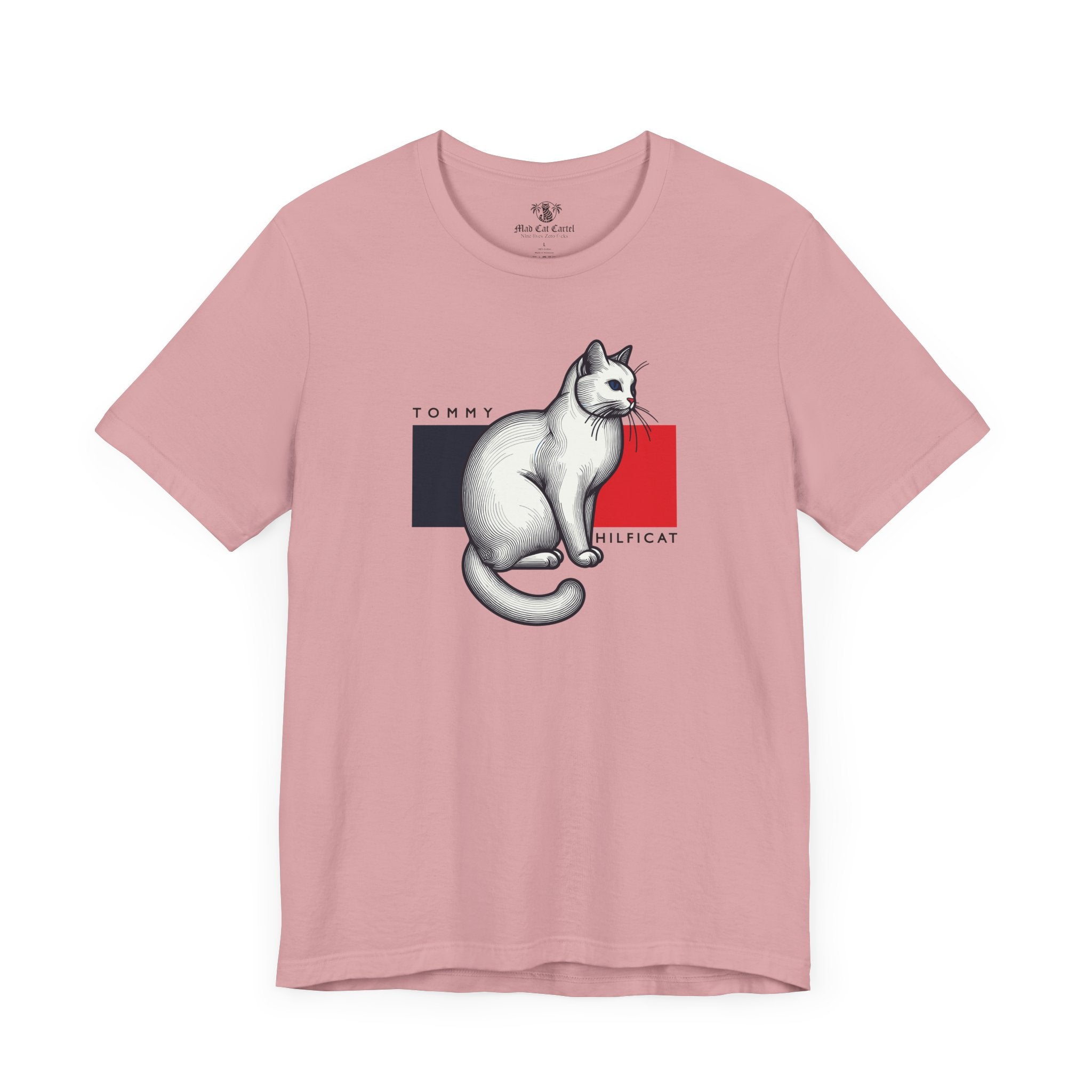 Orchid Pink Tommy Hilficat Classic Flag Cat Graphic T-Shirt – cat t-shirt for women flat lay front