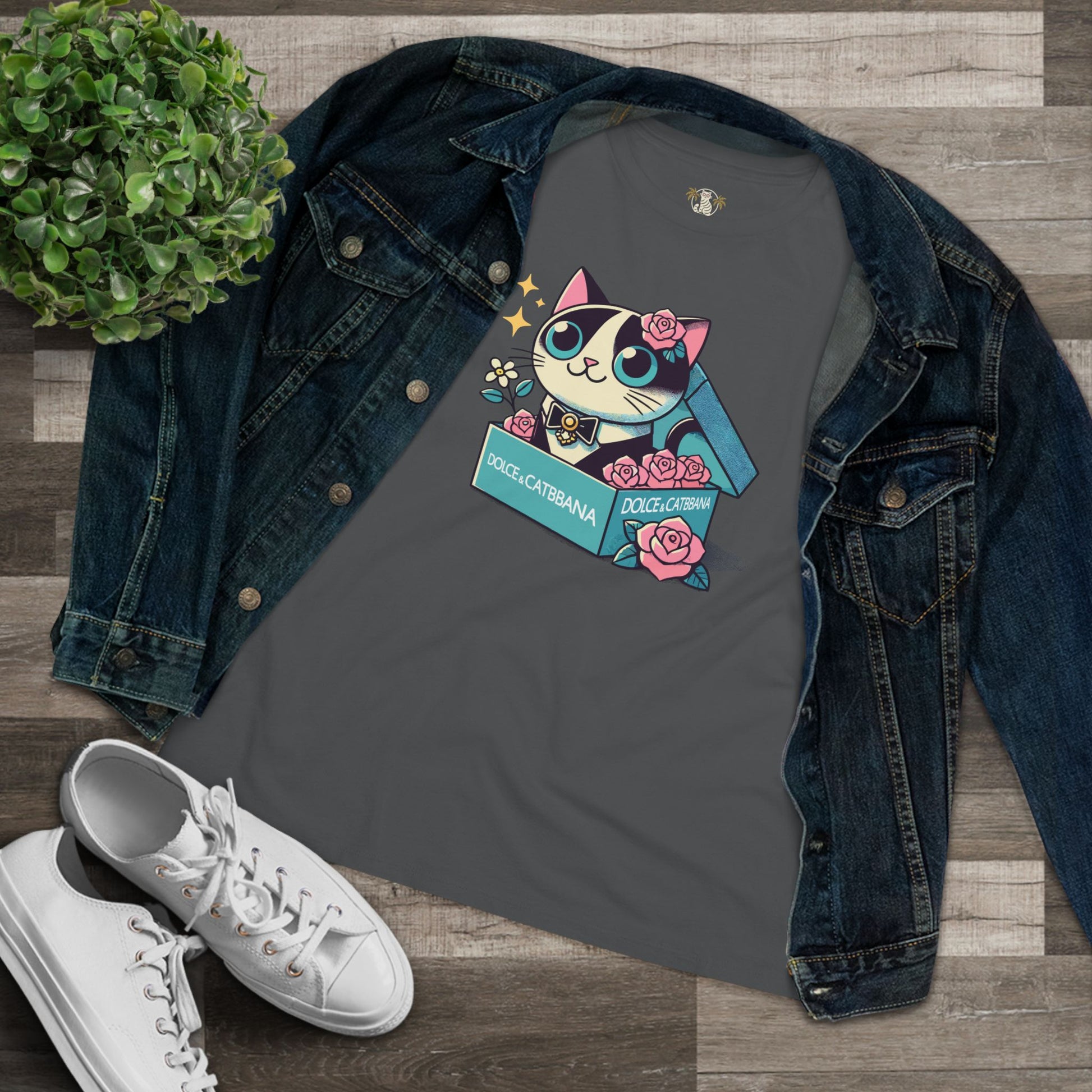 Asphalt gray Dolce & Catbana Rose Box cat themed clothes styled with denim flat lay