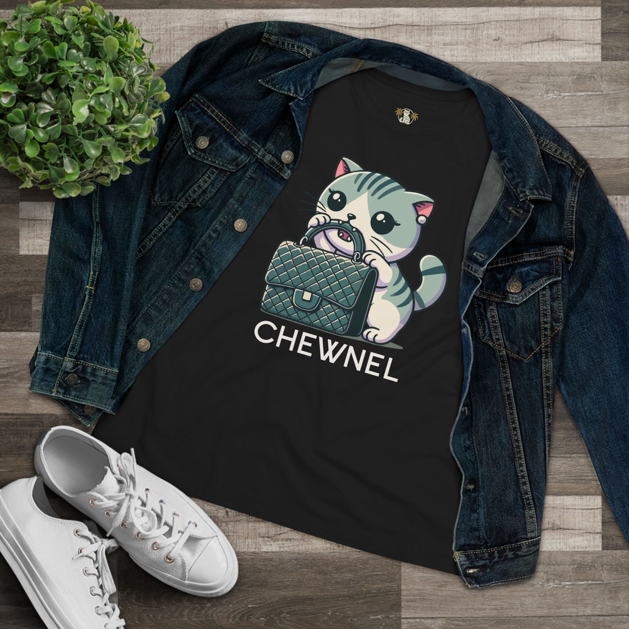 Black flat lay Chewnel cat t shirt paired with denim jacket funny women t shirts