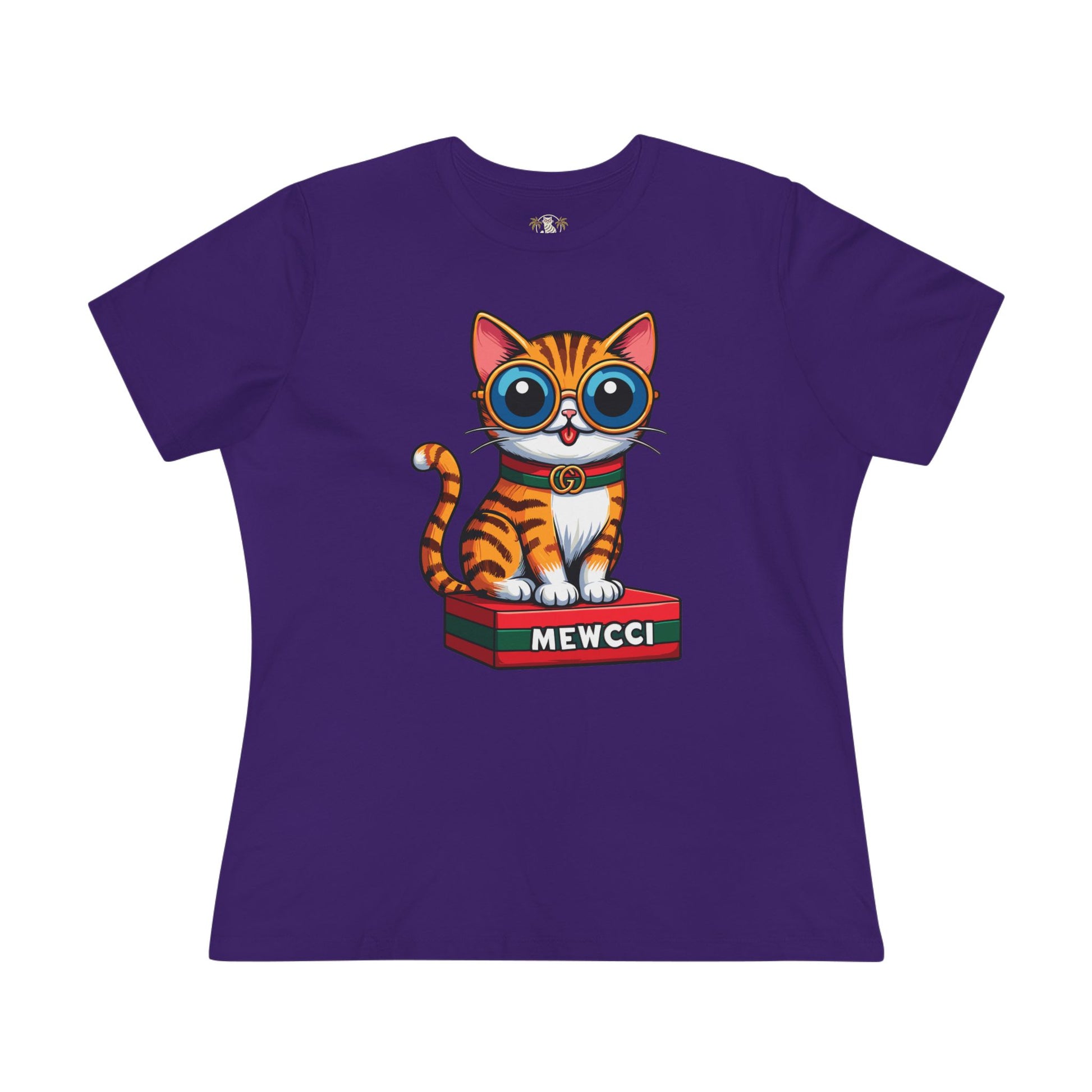 Mewcci Iconic Box Cat Graphic Women's T-Shirt, purple cat tee shirts womens front view