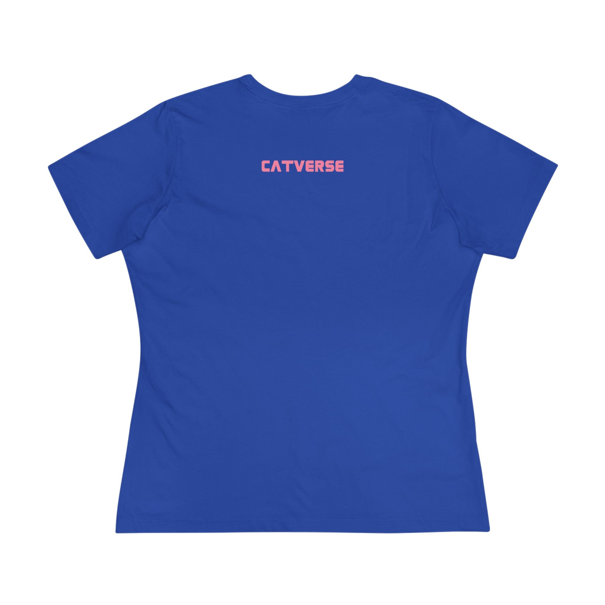 Blue Catverse Apex Kick women’s graphic tee back print view, funny women t shirts, cat on a shirt