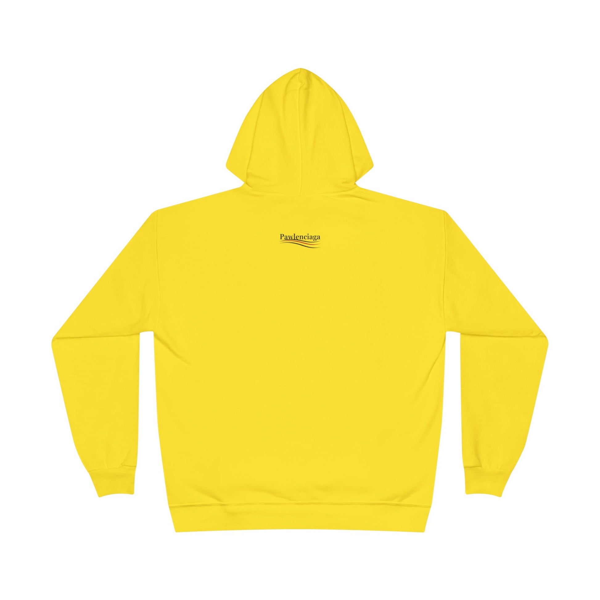 Back view of Pawlenciaga Chest Logo Athletic Yellow Hoodie, cat lover hoodie