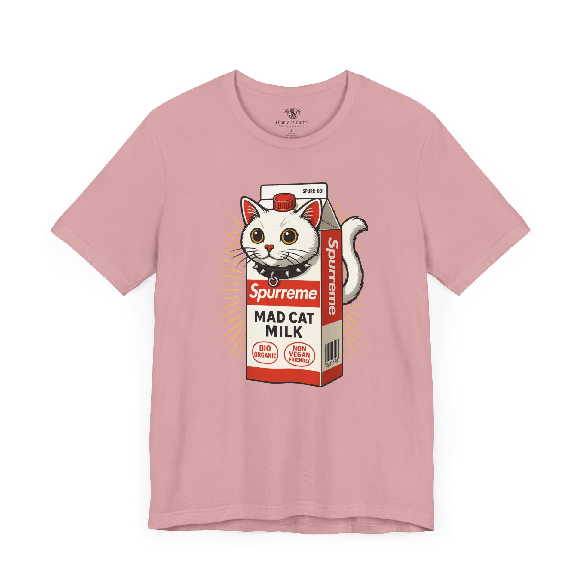 Orchid Spurreme Mad Cat Organic Milk t shirt front view – funny t shirts for women