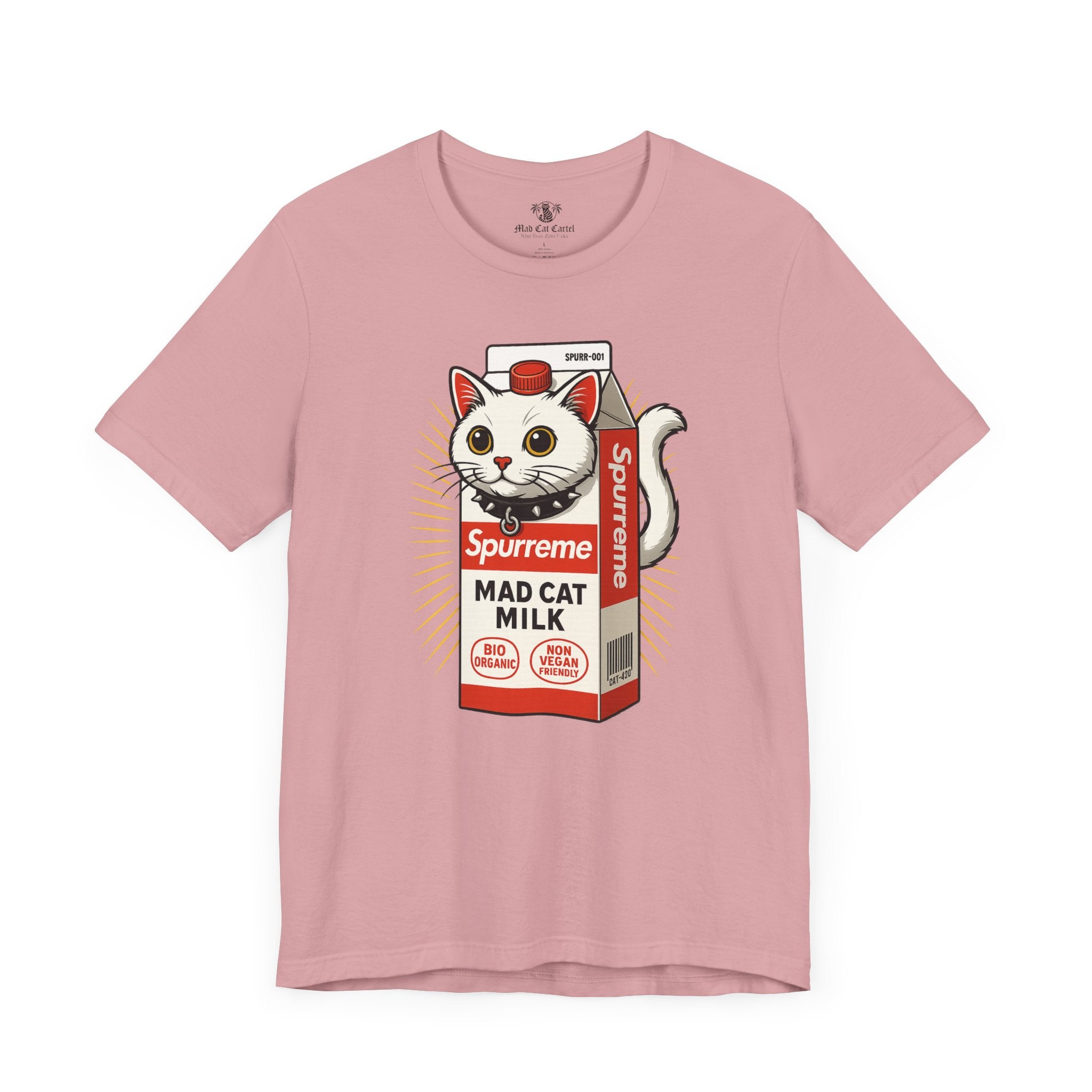 Orchid Spurreme Mad Cat Organic Milk t shirt front view – funny t shirts for women
