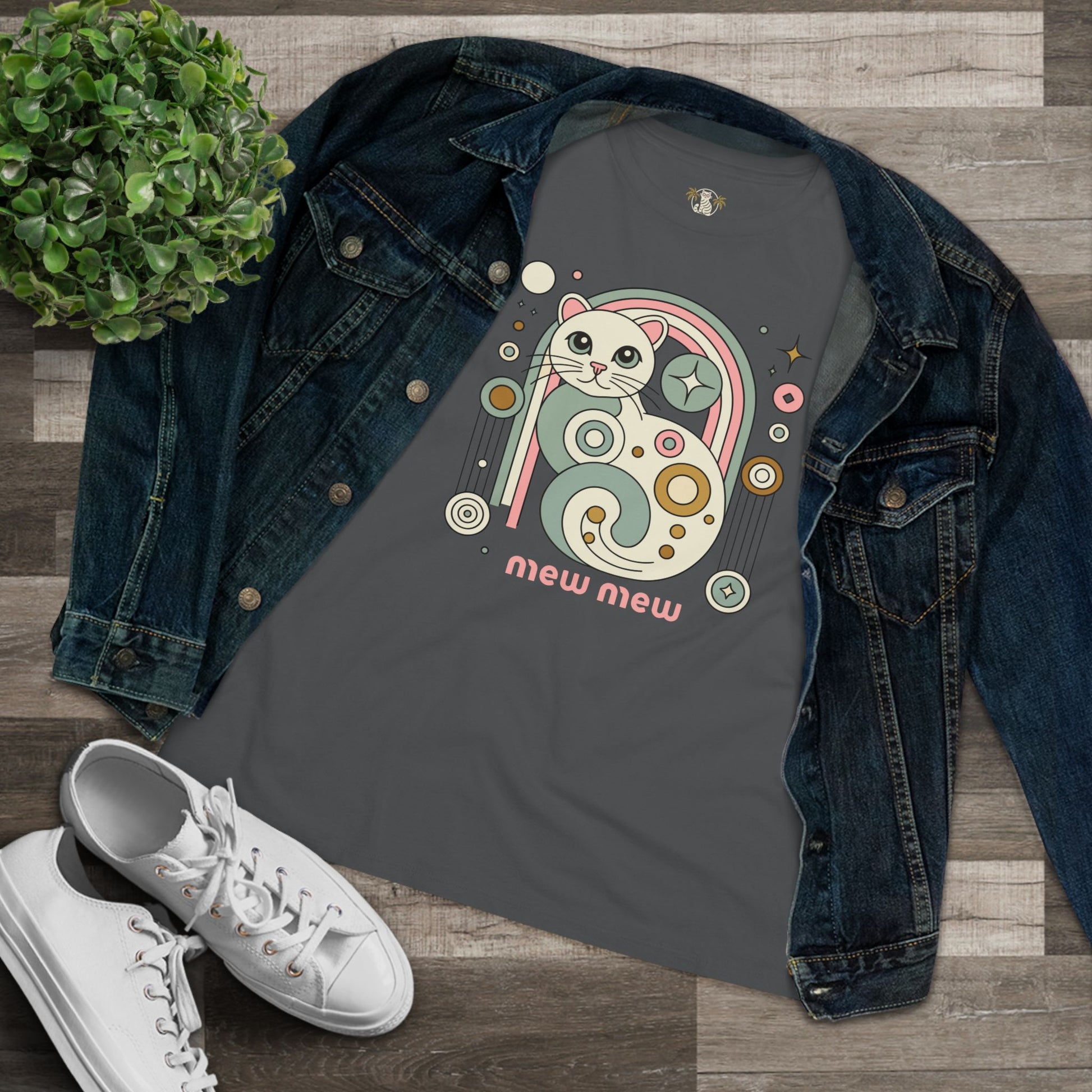 Gray t shirt flat lay with jacket tee shirts with cats