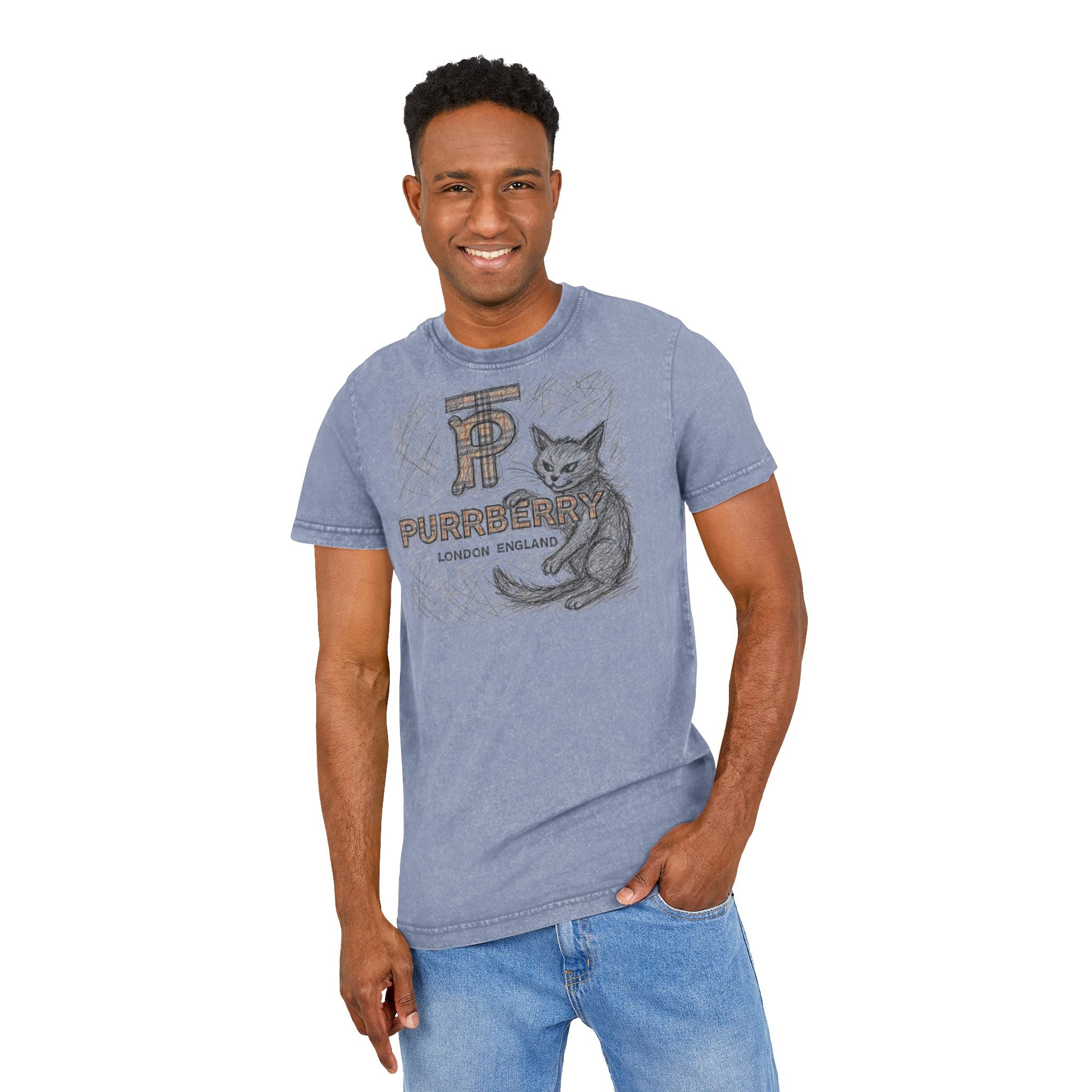 Male model wearing Purrberry Heritage Sketch Logo Vintage Blue Acid Washed Cat Graphic T Shirt, mens cat tee shirts