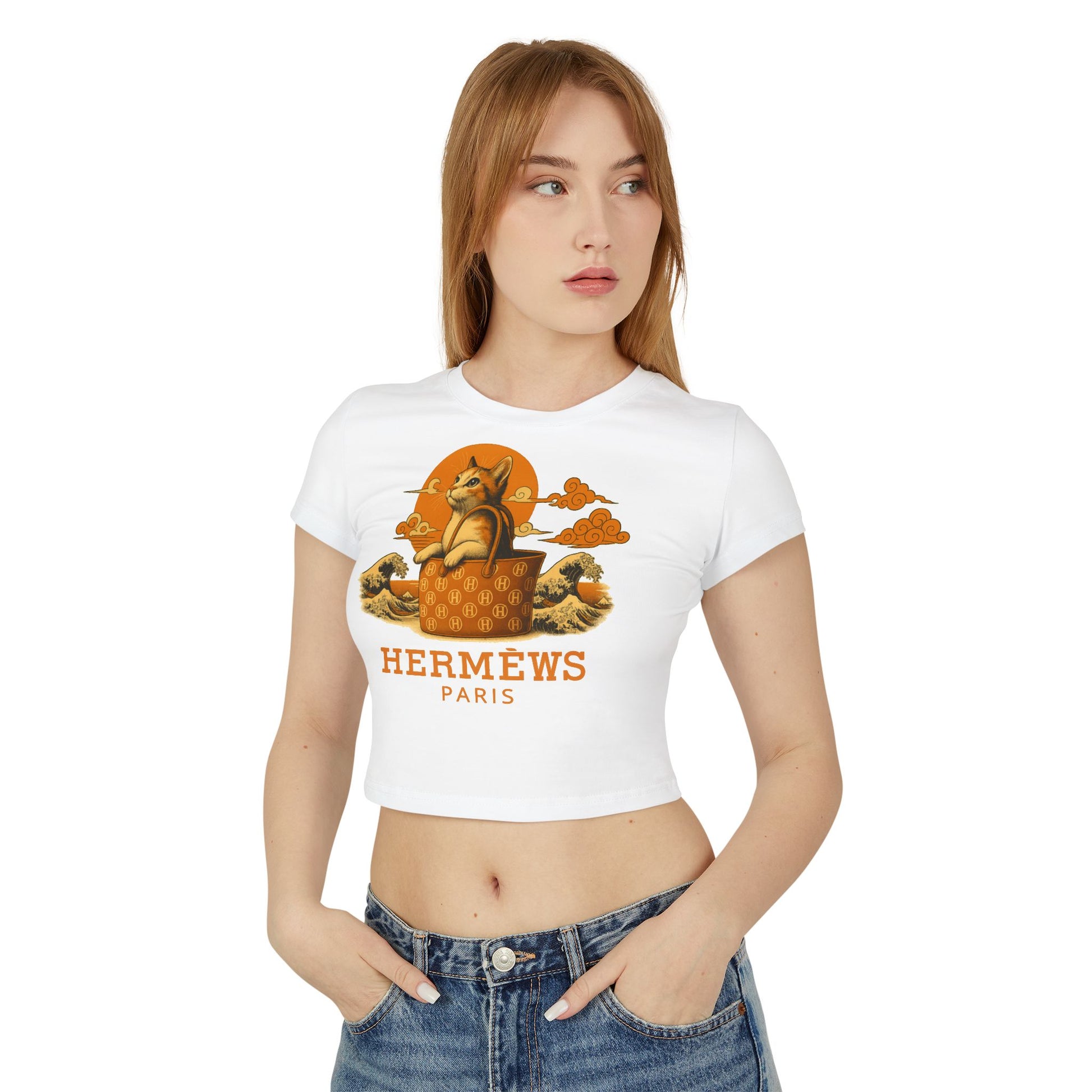 Model wearing Hermèws Paris women’s white baby tee cat print style