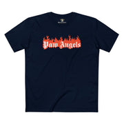 Front view of Paw Angels Paradise Inferno cat graphic navy unisex t shirt – cat t shirts