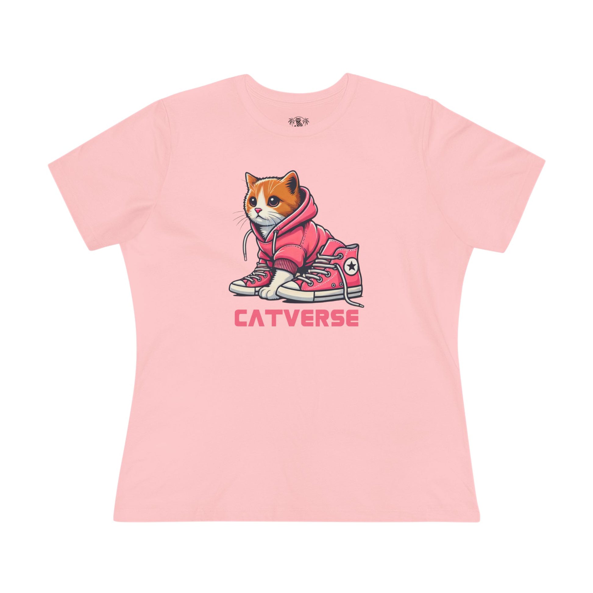 Catverse Hoodie Kicks Cat Graphic Women’s T-Shirt in pink flat lay front view, ladies cat t shirt, funny tees for women