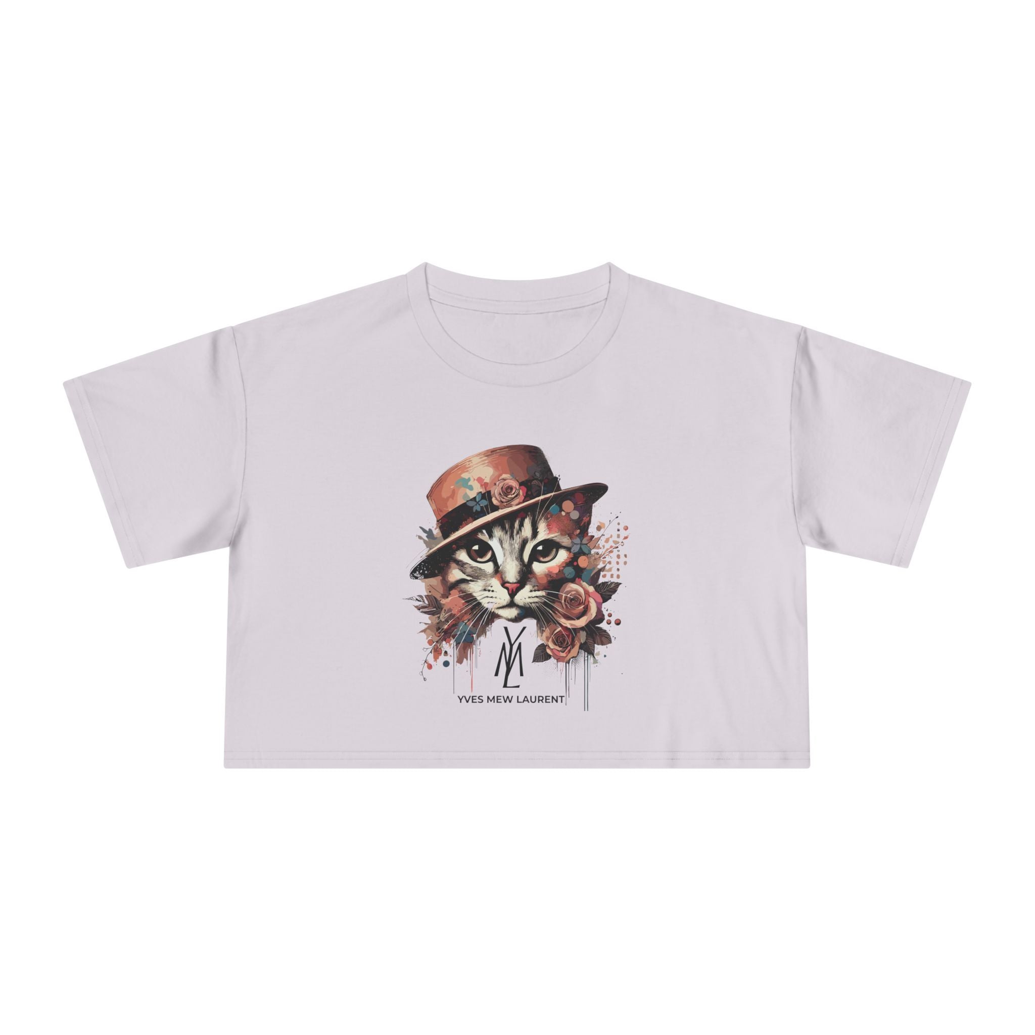 Yves Mew Laurent cat graphic crop top, orchid pink womens cat lover tee shirt